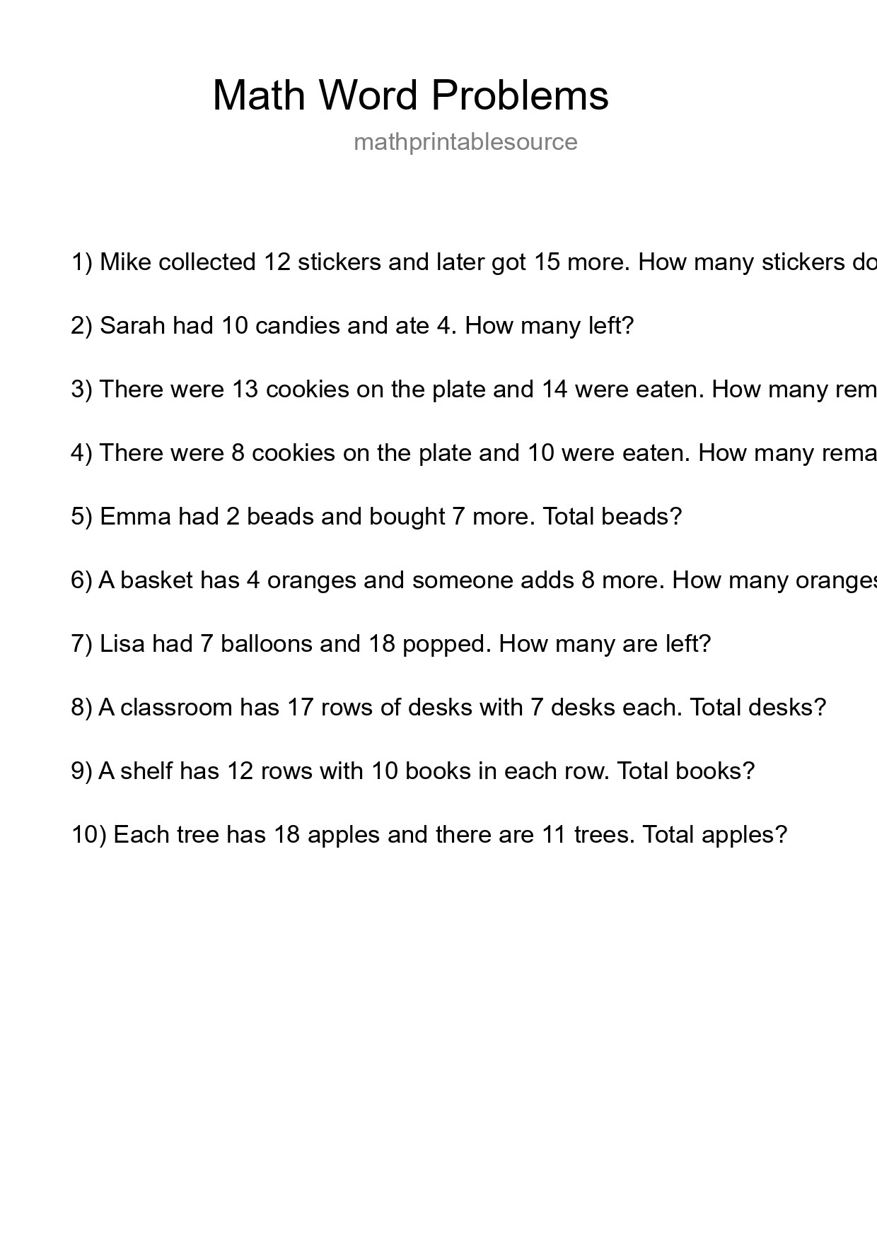 Math Word Problem Worksheet