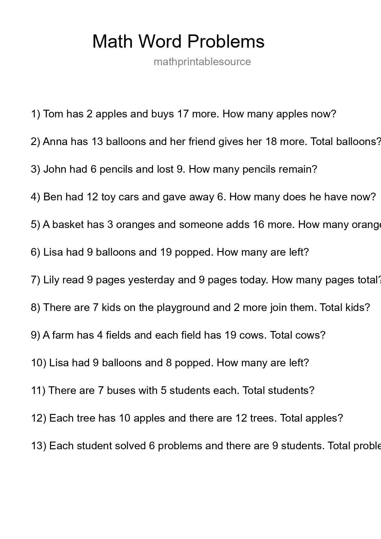 Math Word Problem Worksheet