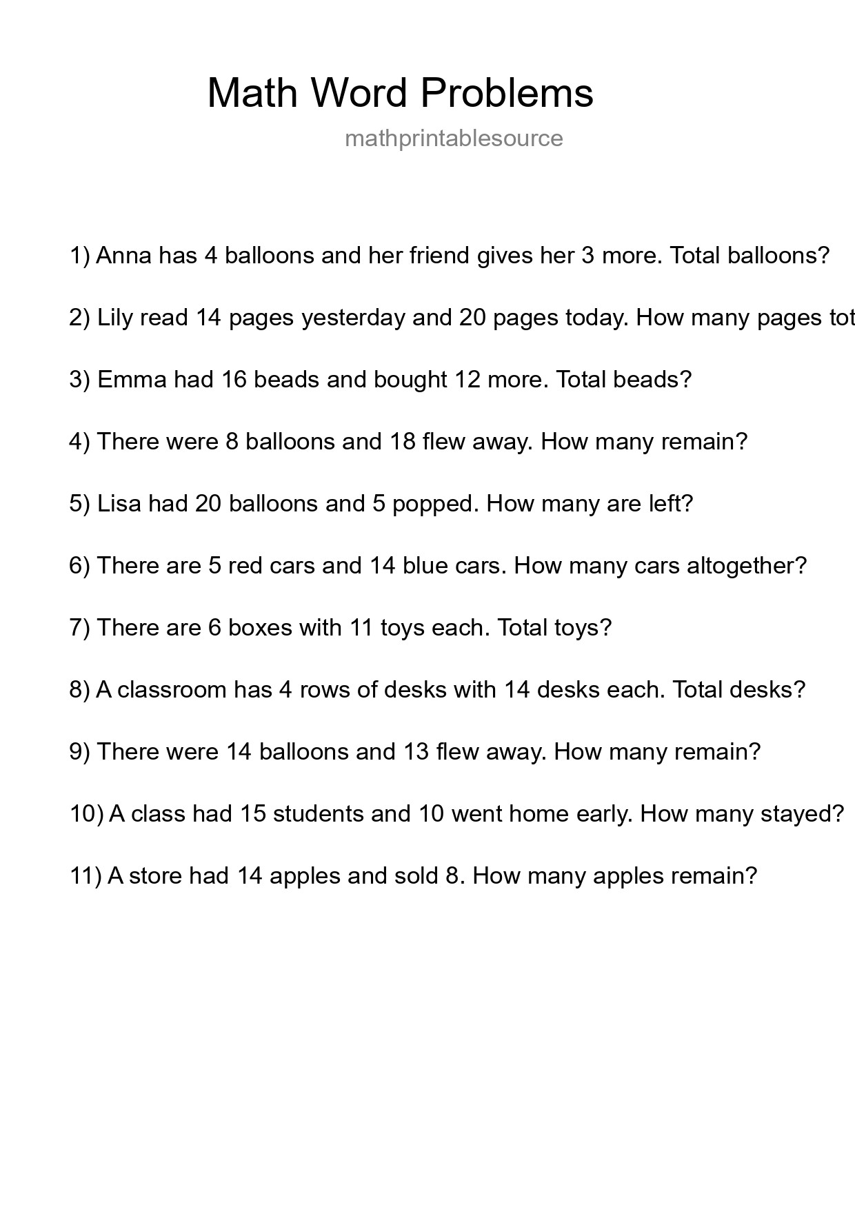 Math Word Problem Worksheet