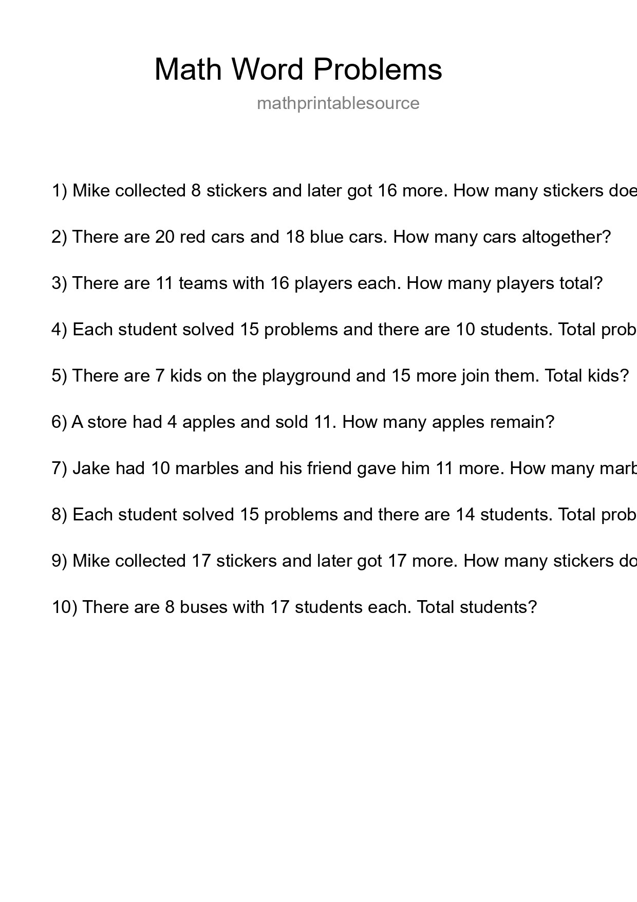 Math Word Problem Worksheet