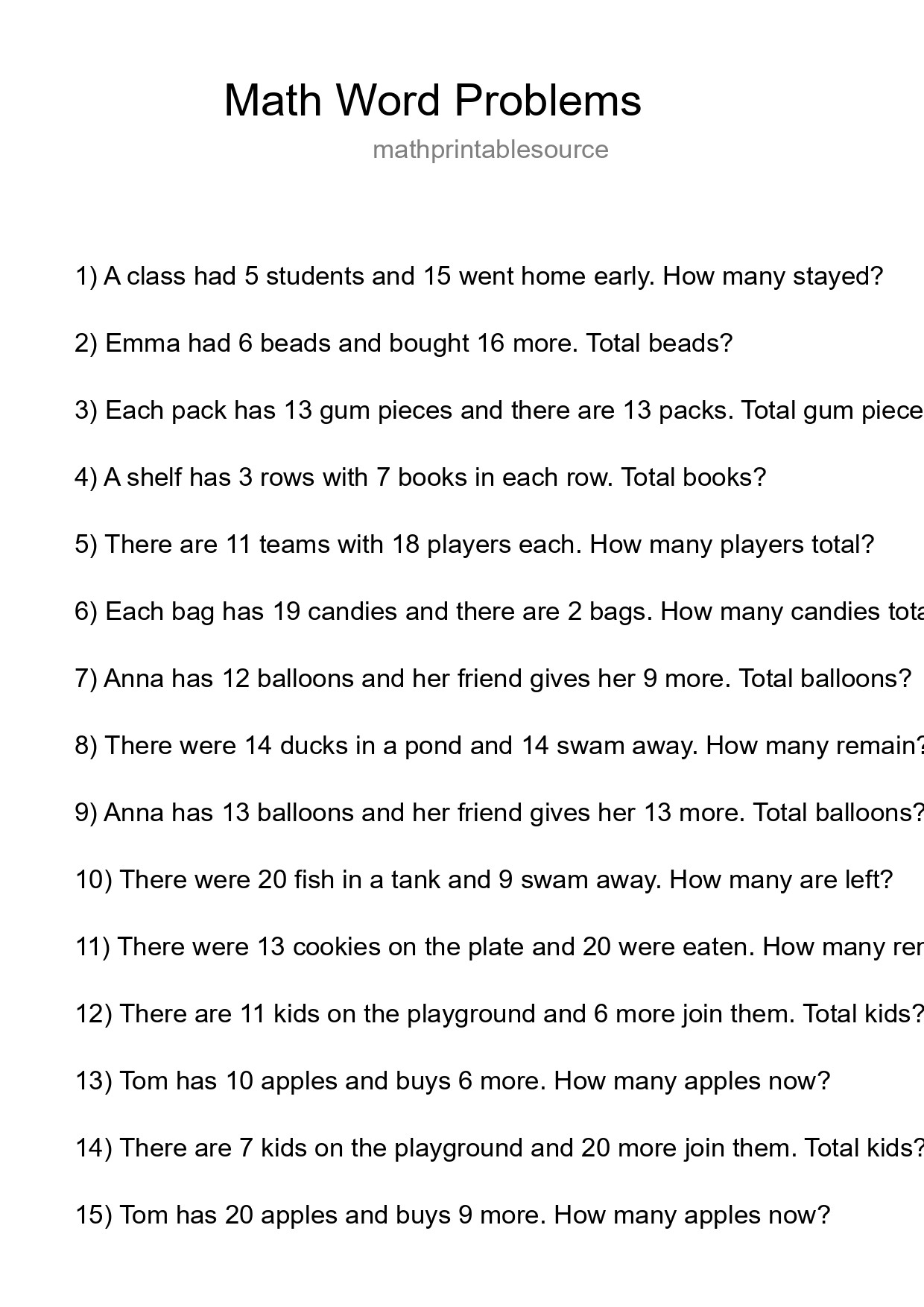 Math Word Problem Worksheet