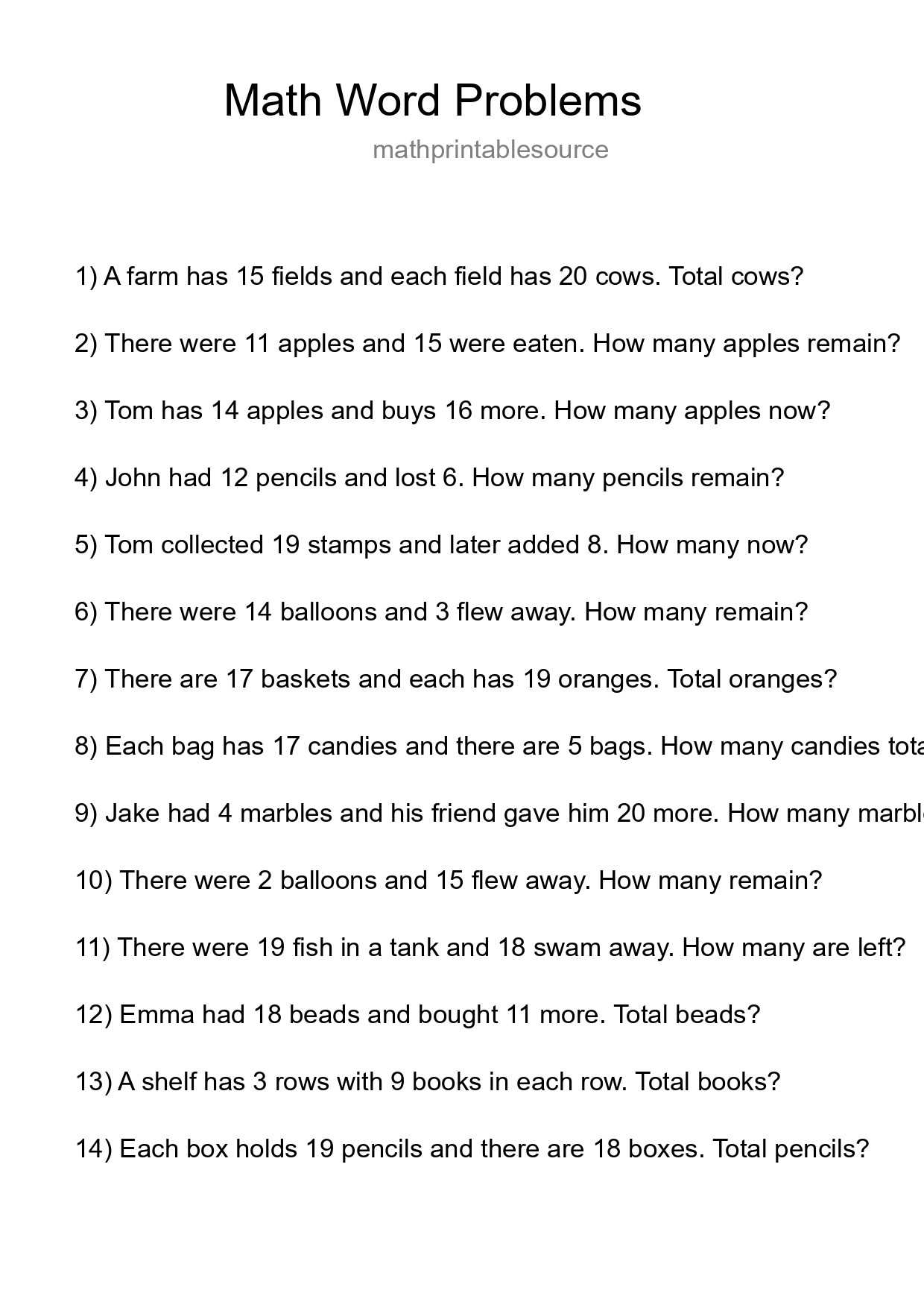 Math Word Problem Worksheet