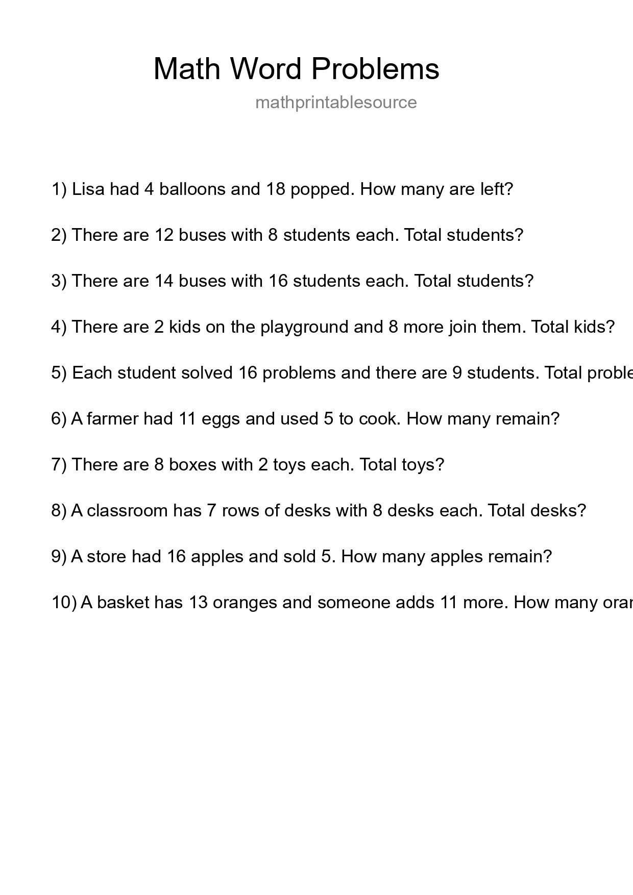 Math Word Problem Worksheet