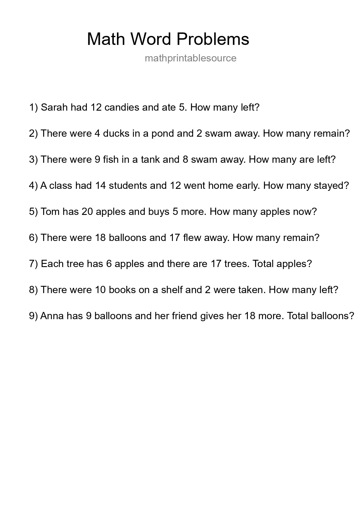 Math Word Problem Worksheet