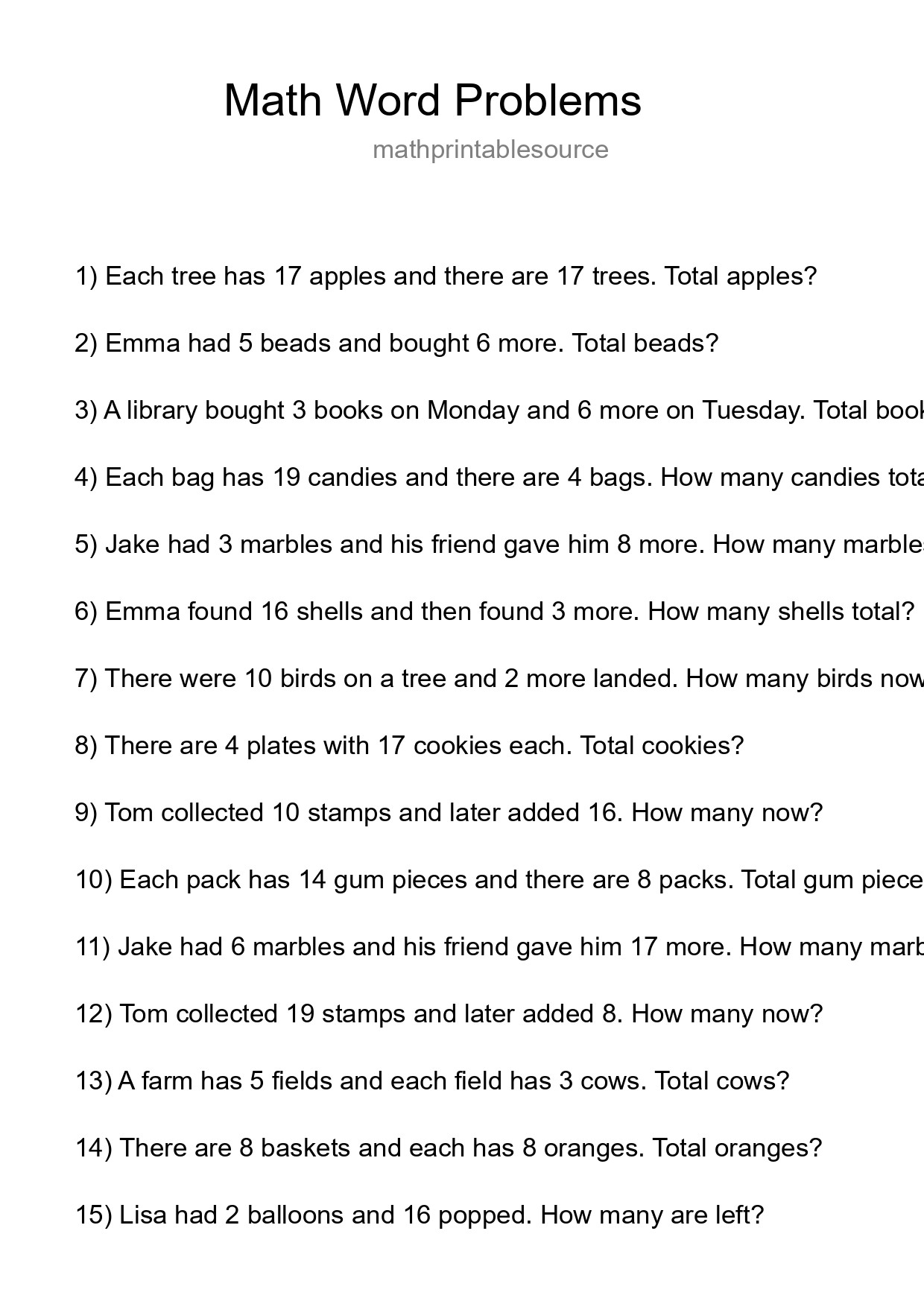 Math Word Problem Worksheet