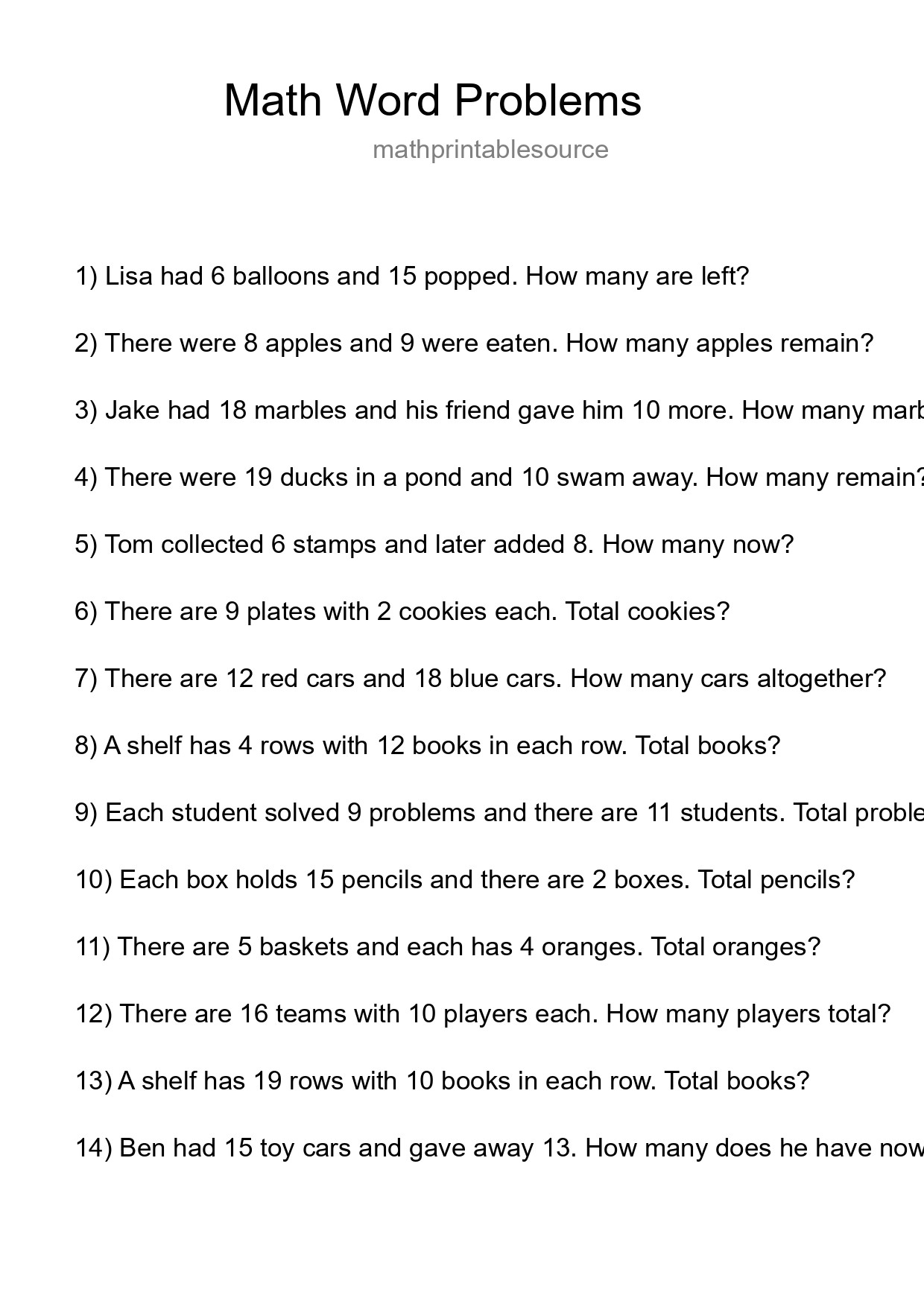 Math Word Problem Worksheet