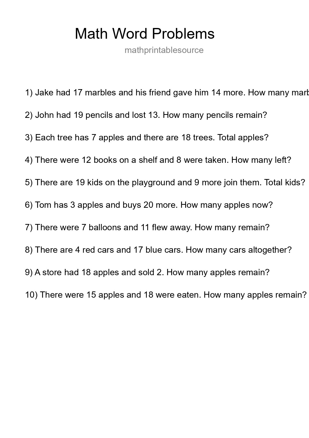 Math Word Problem Worksheet