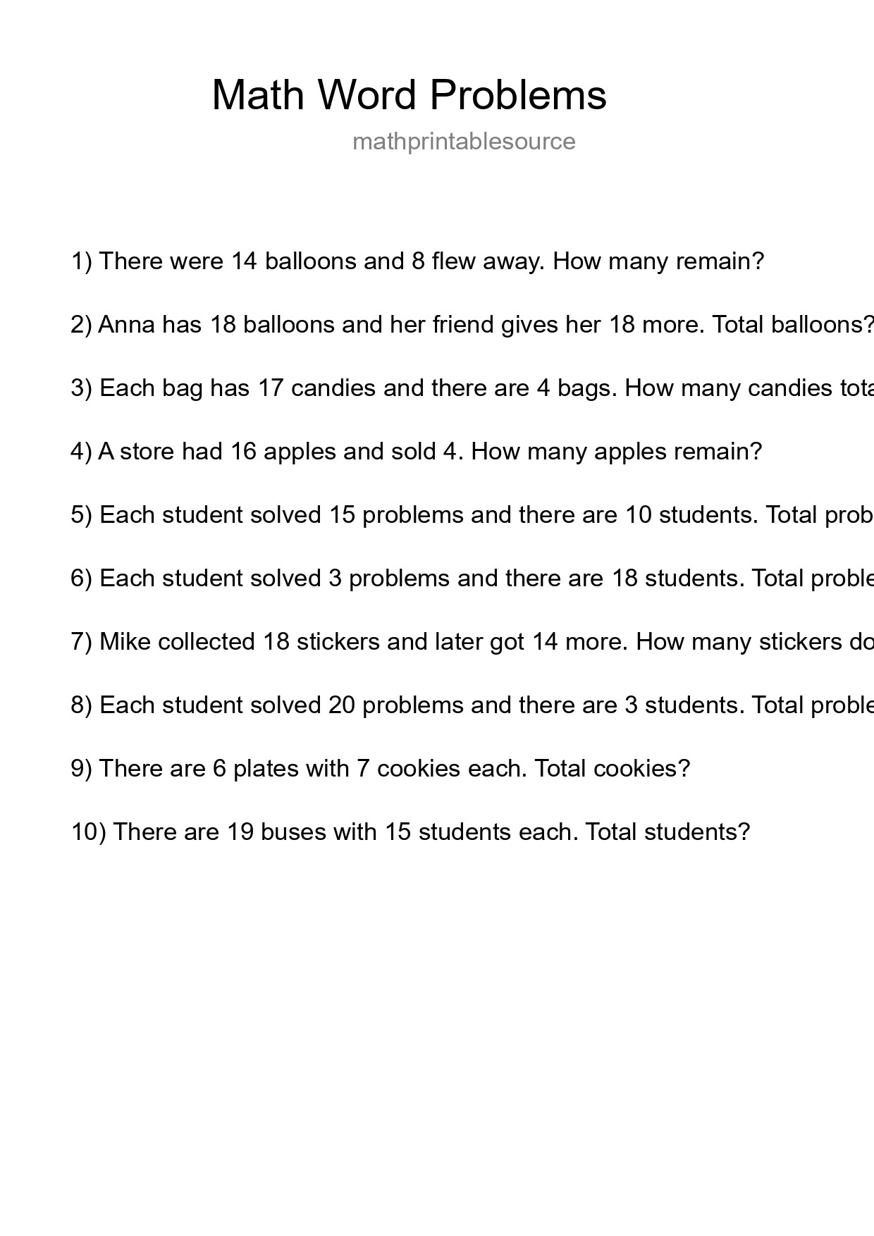Math Word Problem Worksheet