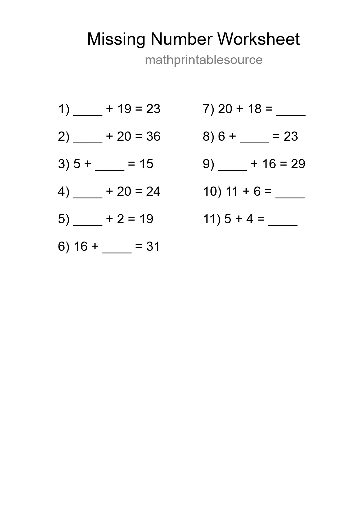 Missing Number Math Worksheet