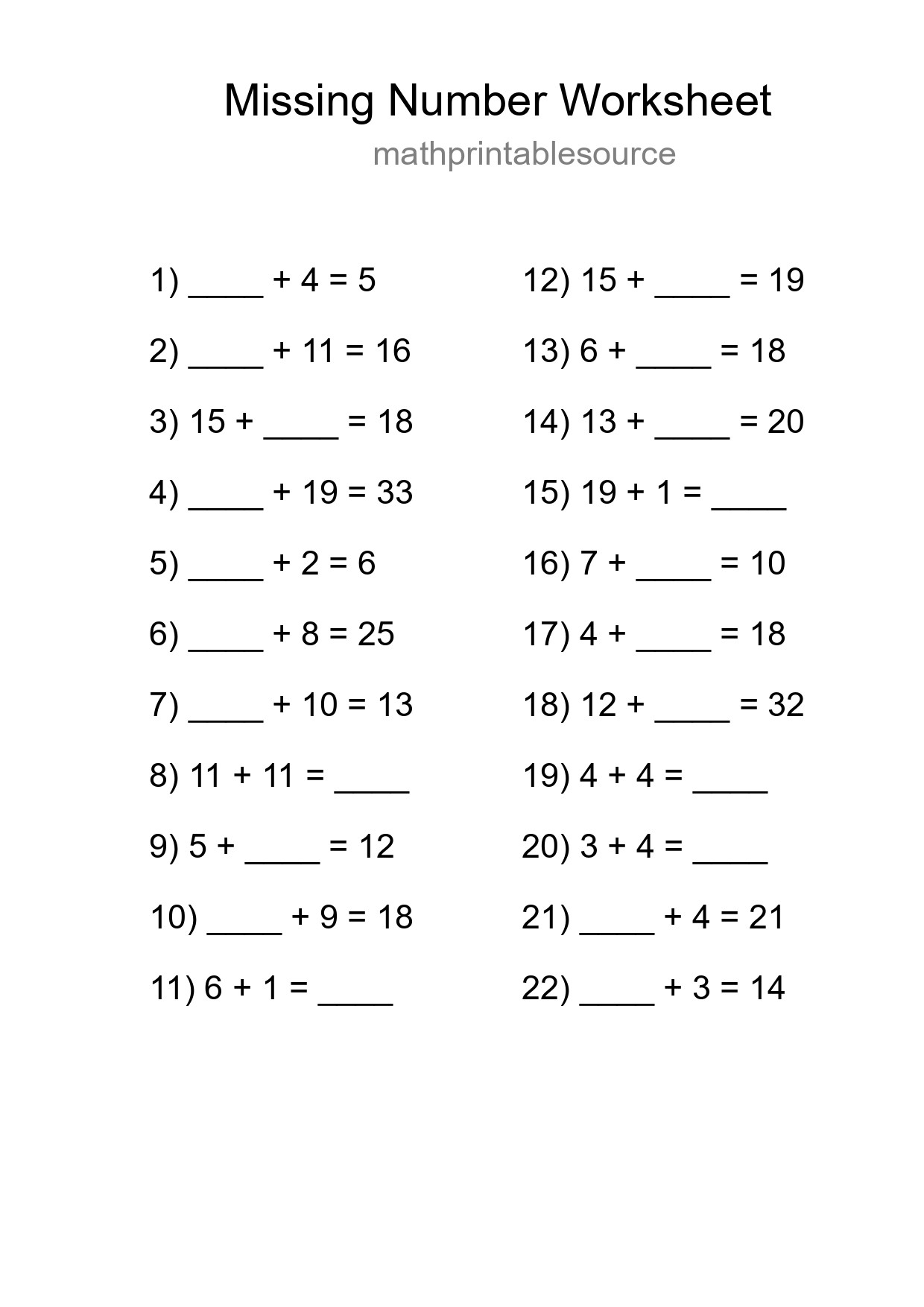 Missing Number Math Worksheet