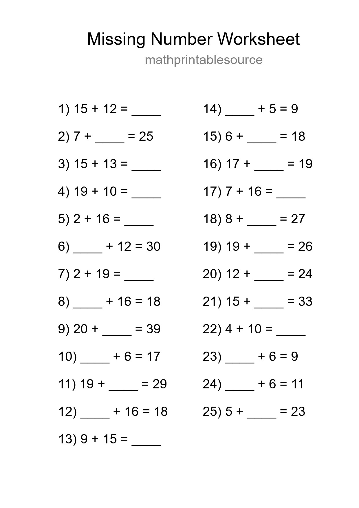 Missing Number Math Worksheet