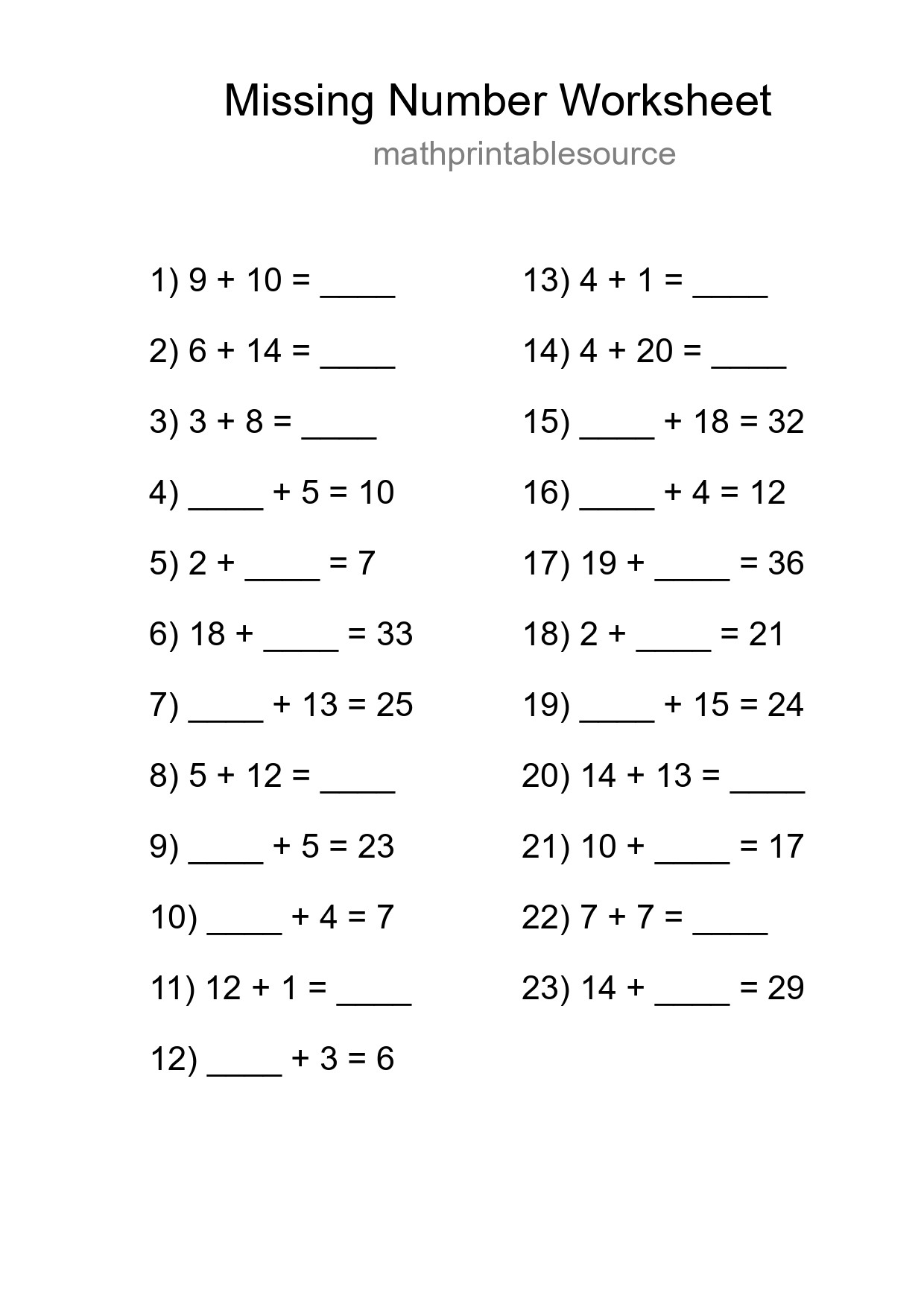 Missing Number Math Worksheet