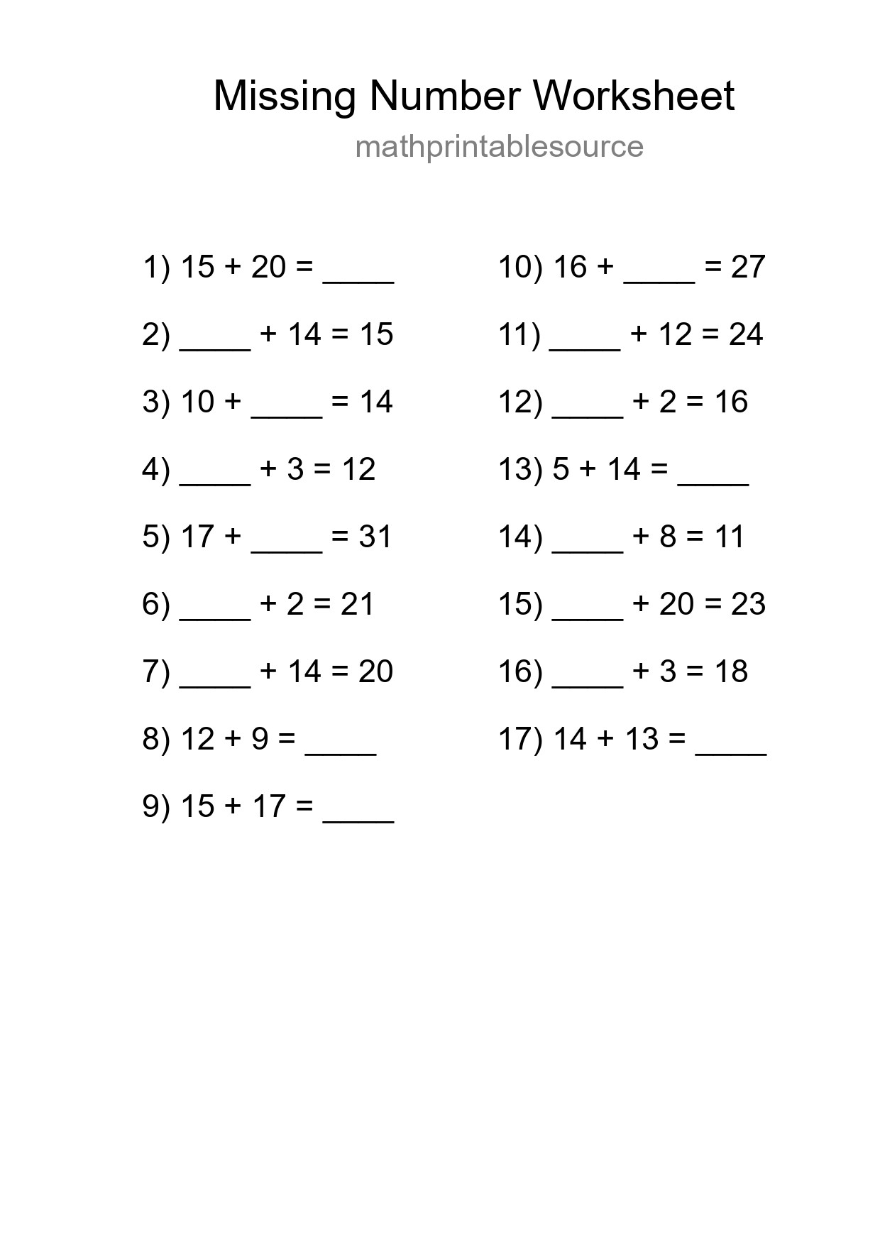 Missing Number Math Worksheet