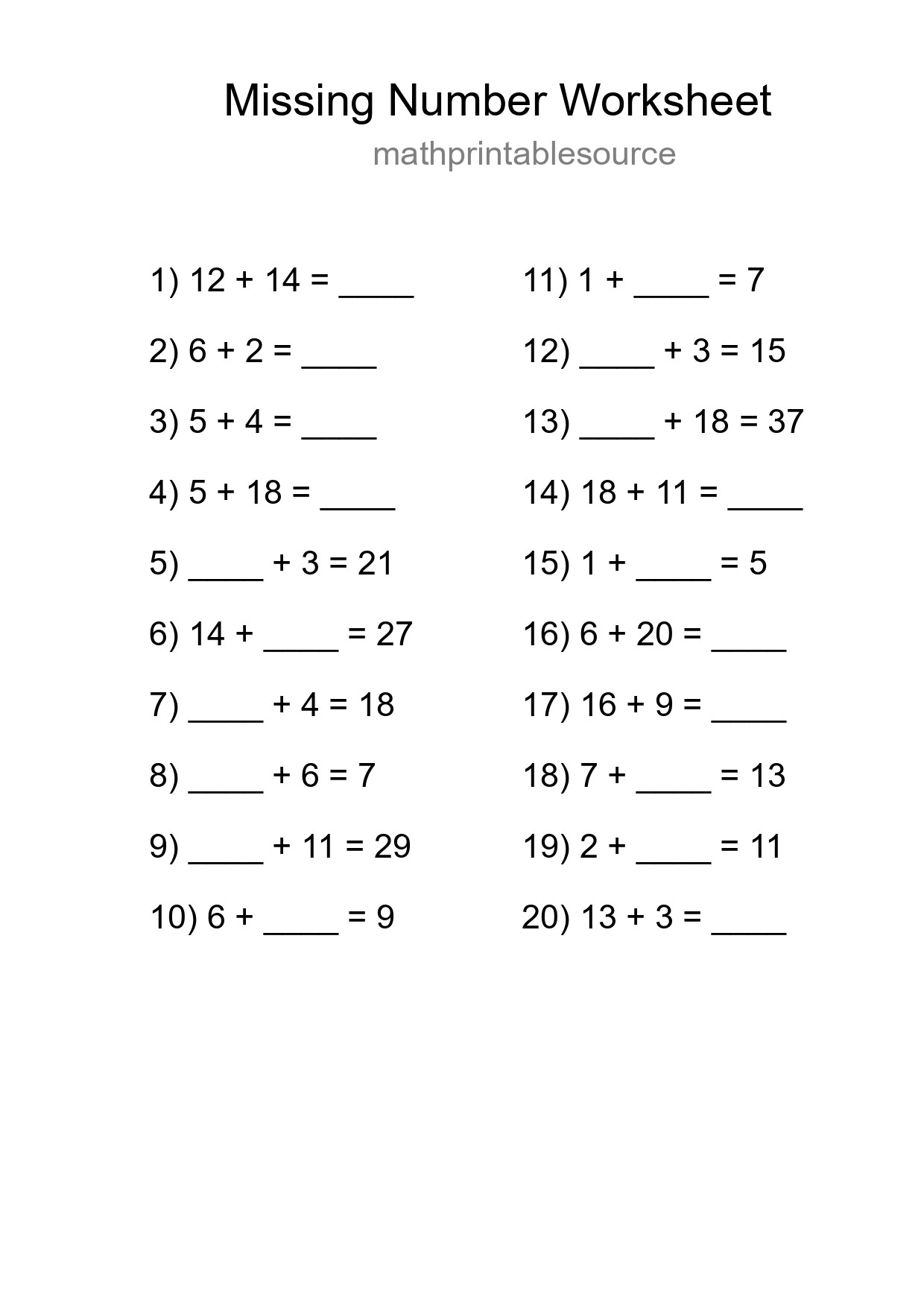 Missing Number Math Worksheet
