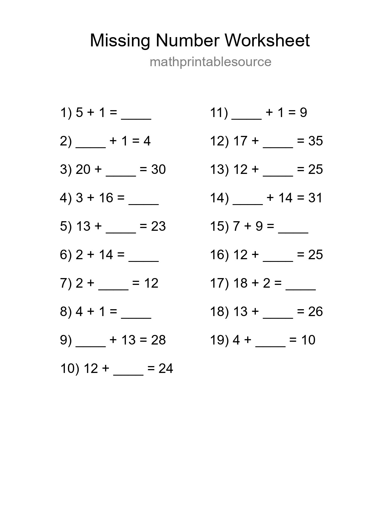 Missing Number Math Worksheet