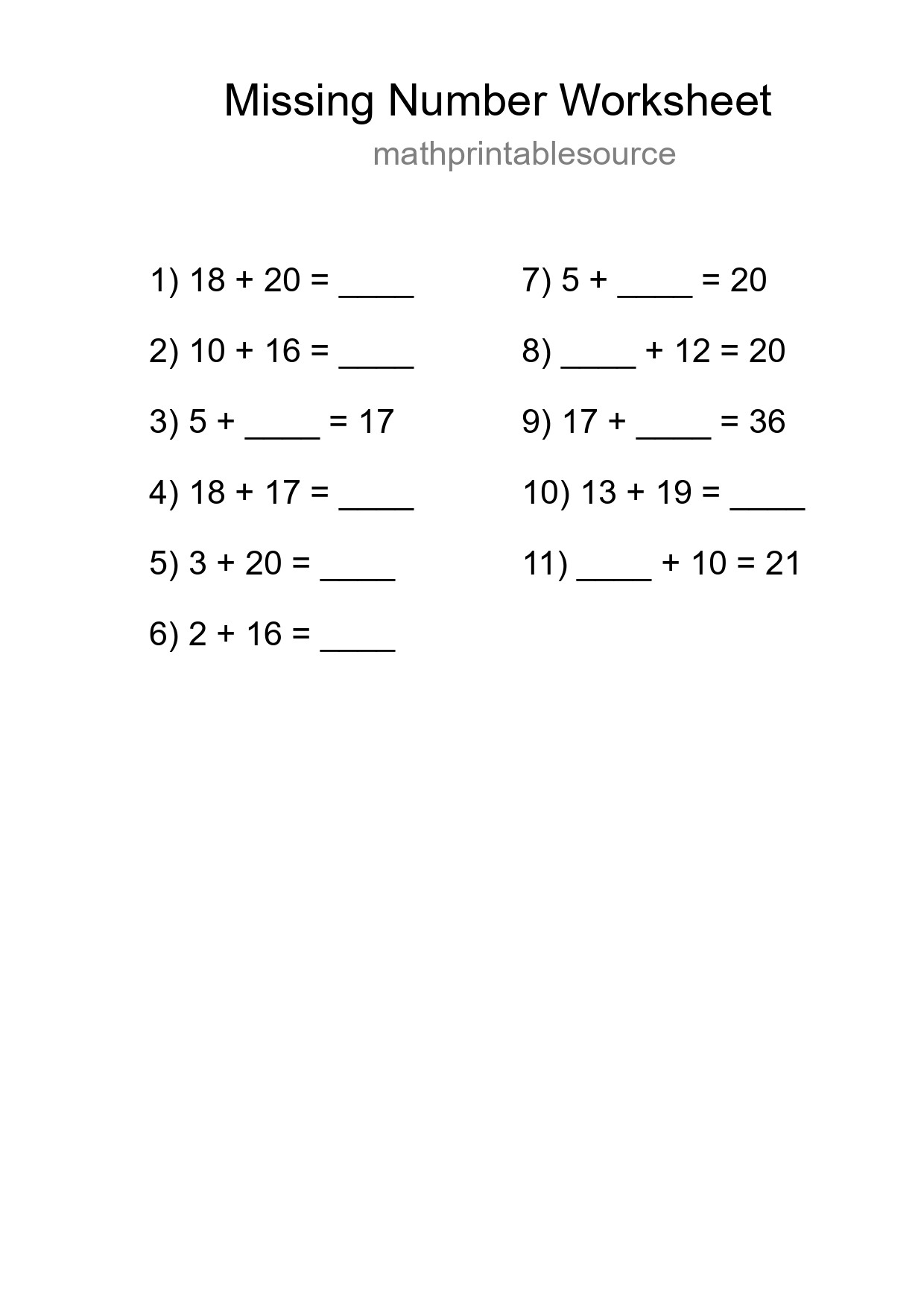 Missing Number Math Worksheet