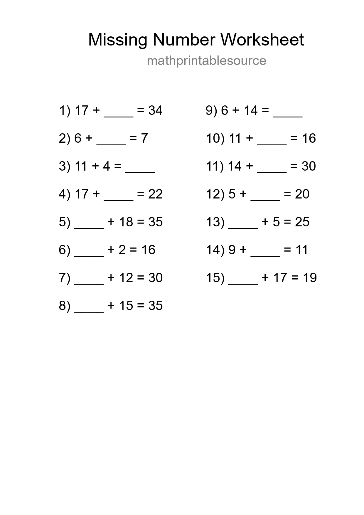 Missing Number Math Worksheet