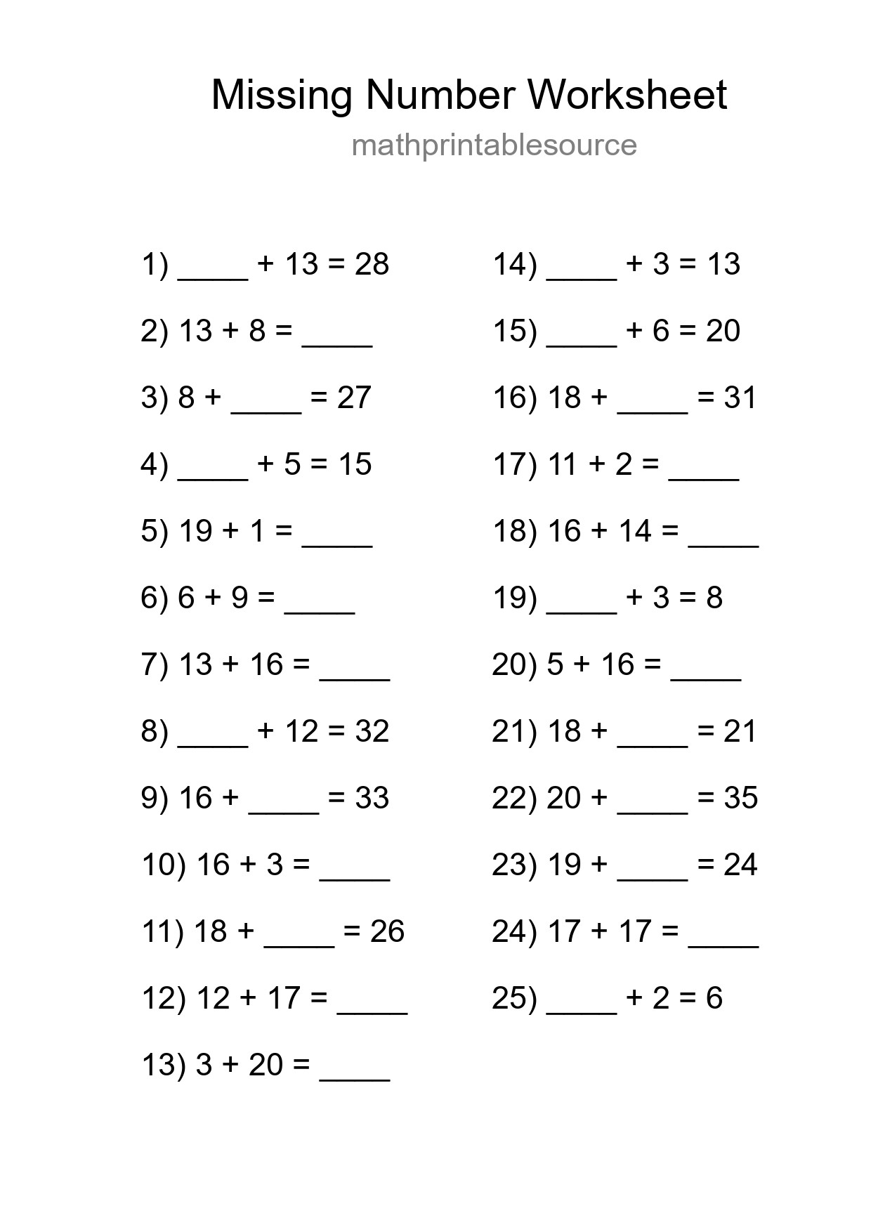 Missing Number Math Worksheet