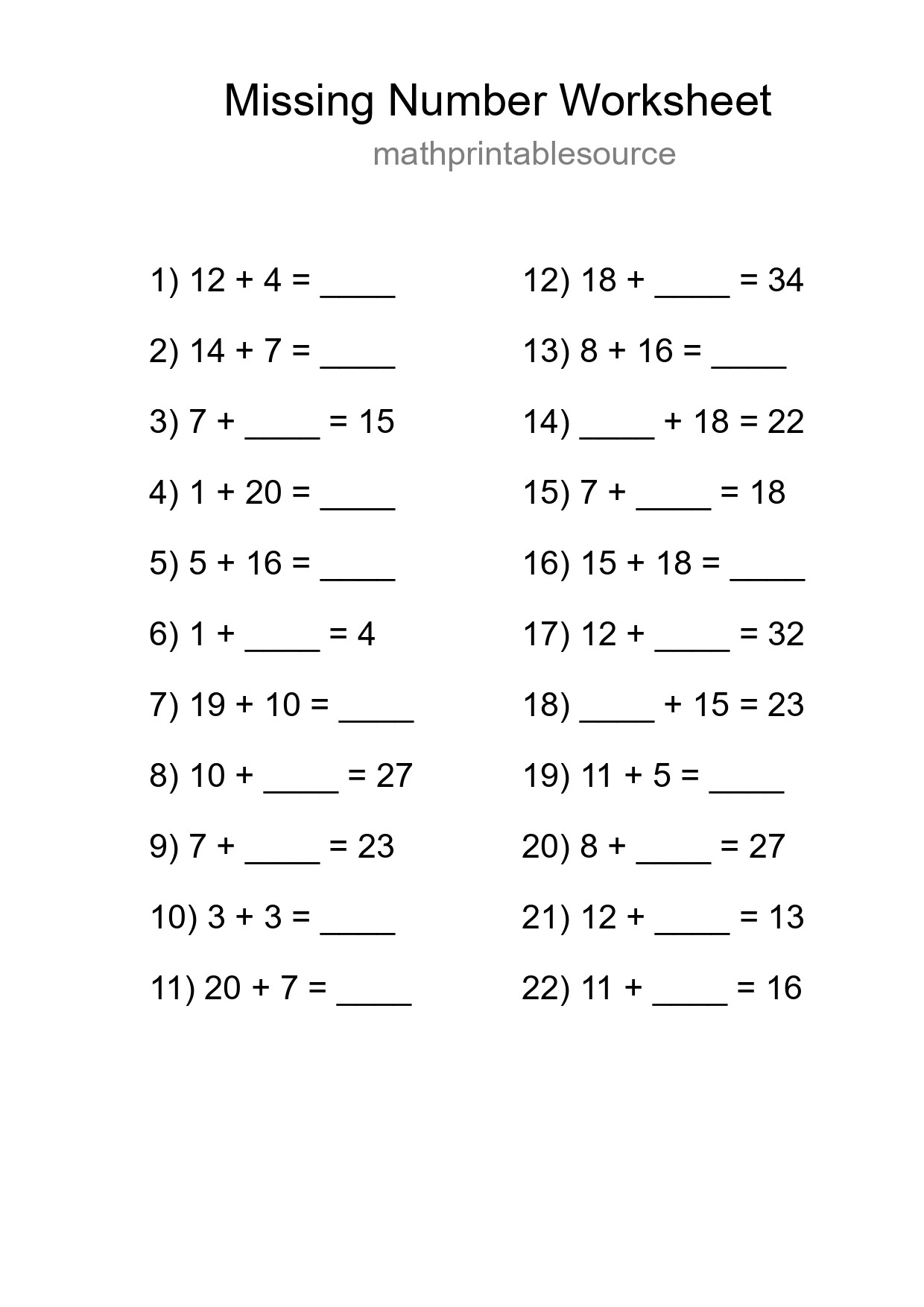 Missing Number Math Worksheet