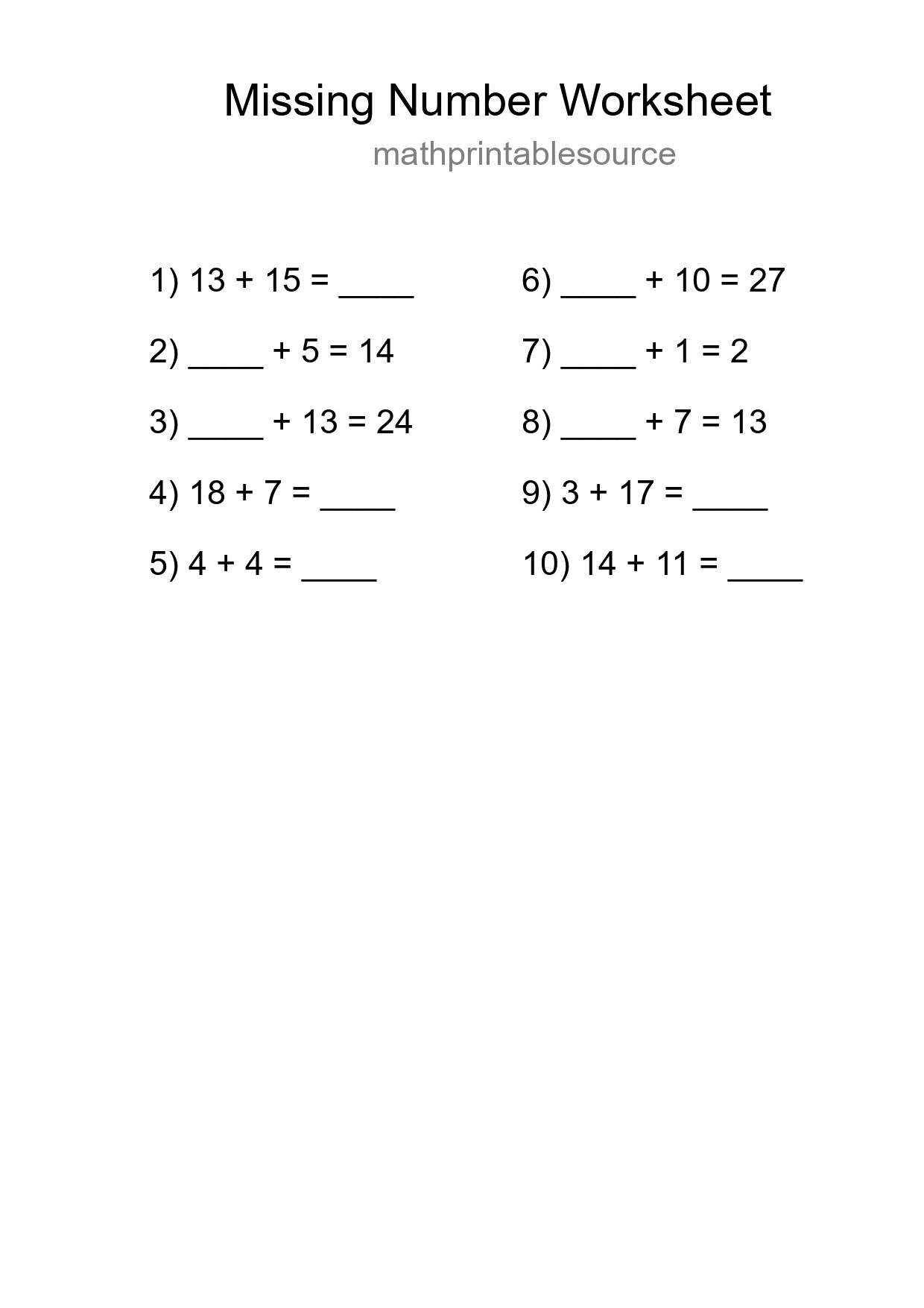 Missing Number Math Worksheet