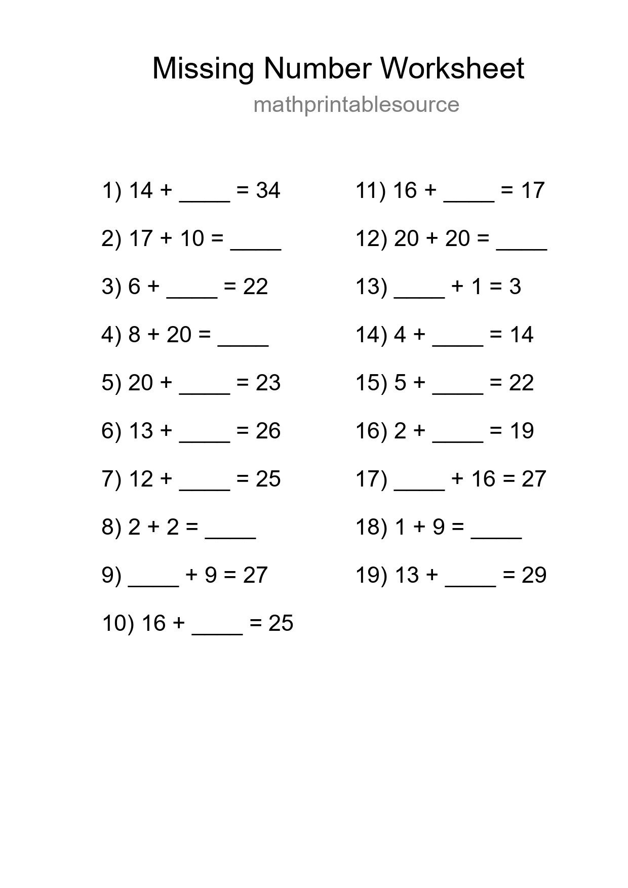 Missing Number Math Worksheet
