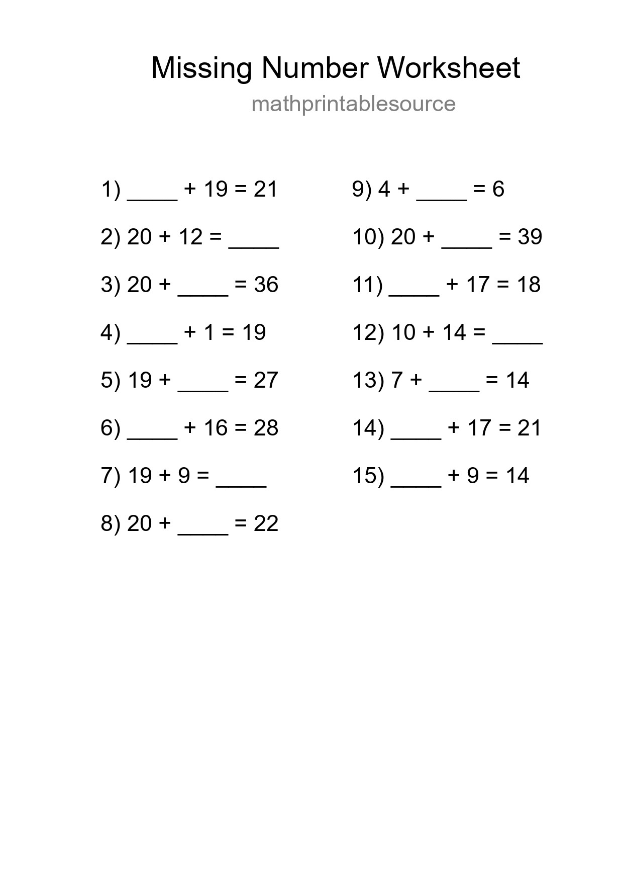 Missing Number Math Worksheet