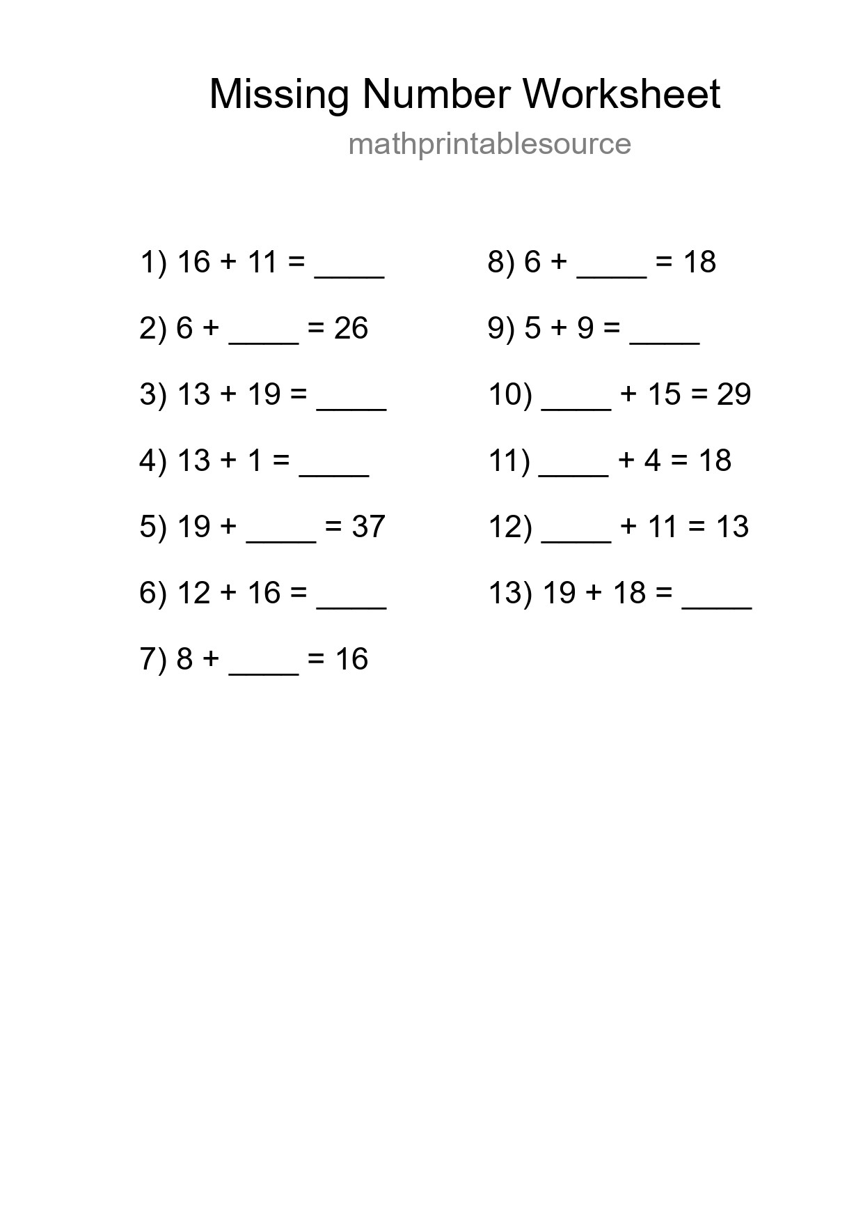 Missing Number Math Worksheet
