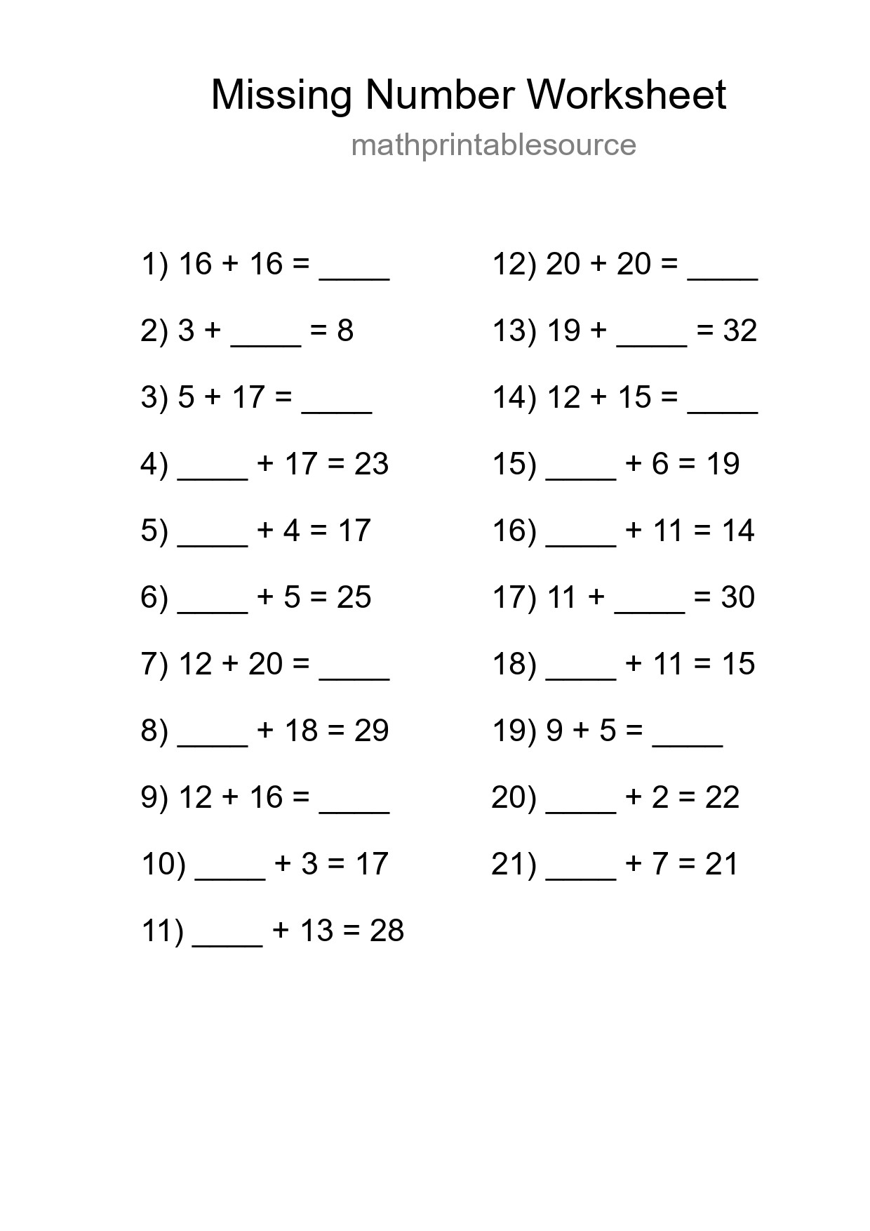 Missing Number Math Worksheet