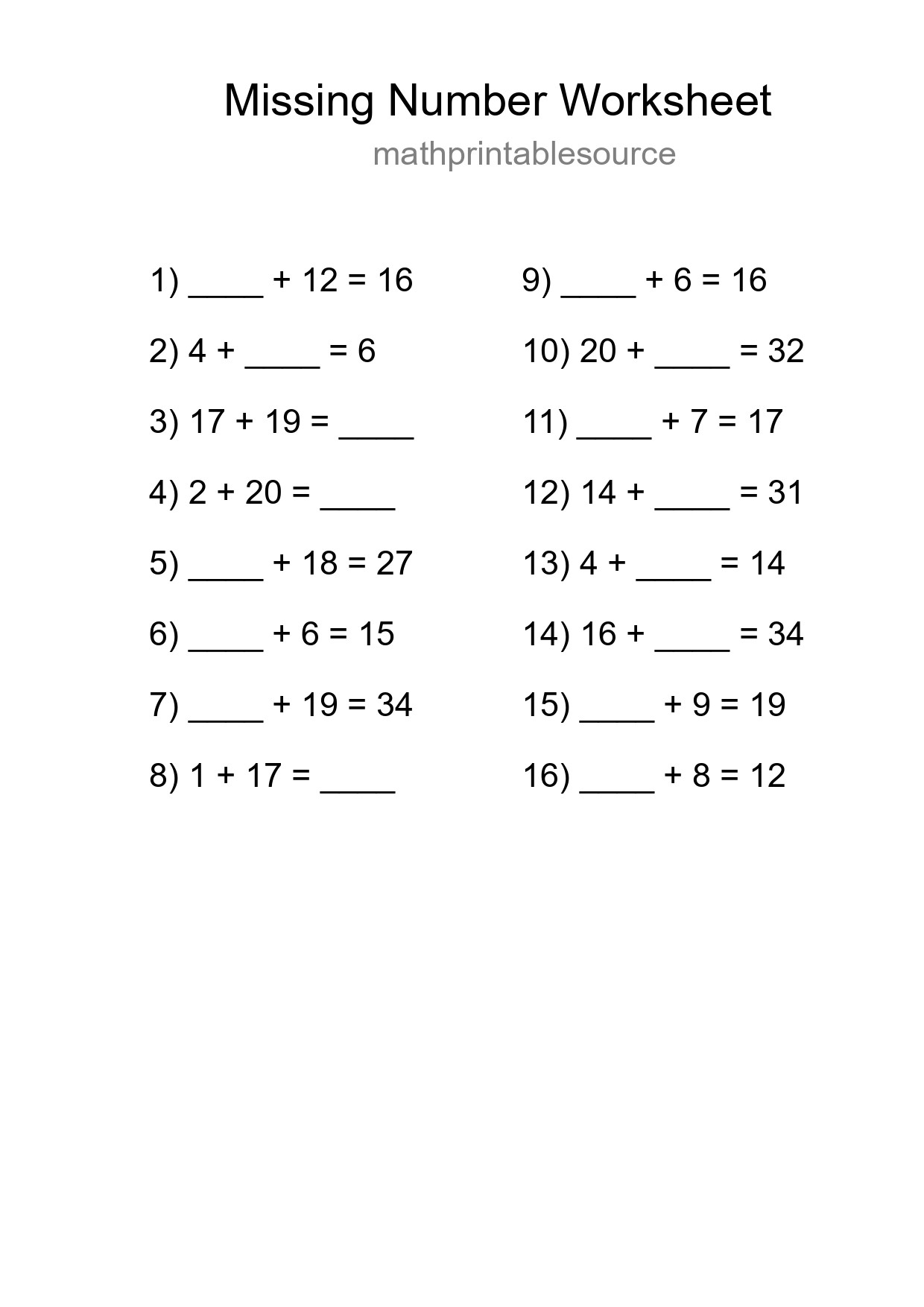 Missing Number Math Worksheet