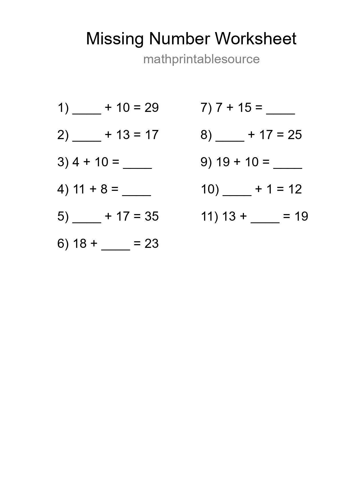 Missing Number Math Worksheet