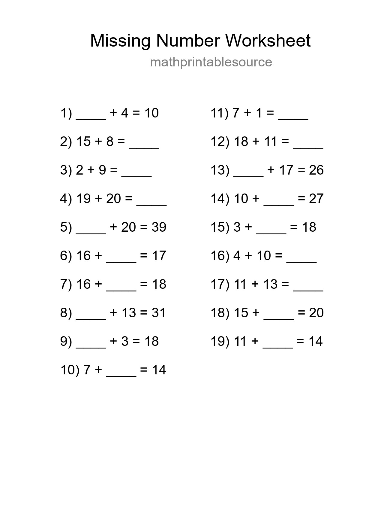 Missing Number Math Worksheet