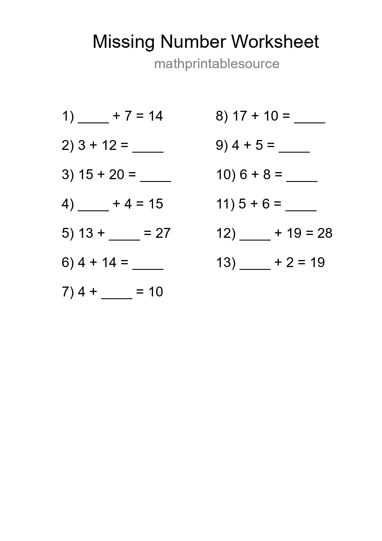 Missing Number Math Worksheet