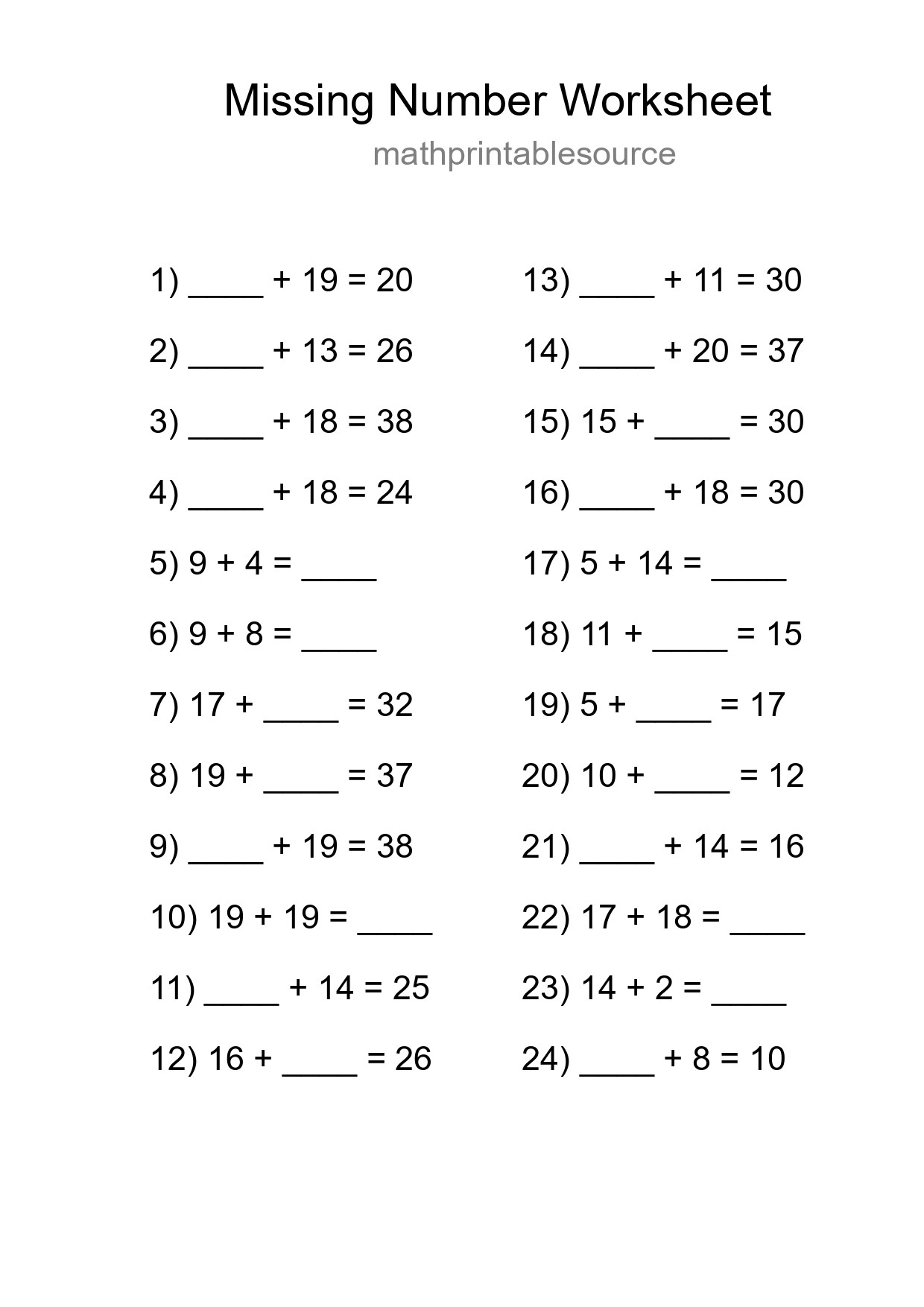Missing Number Math Worksheet