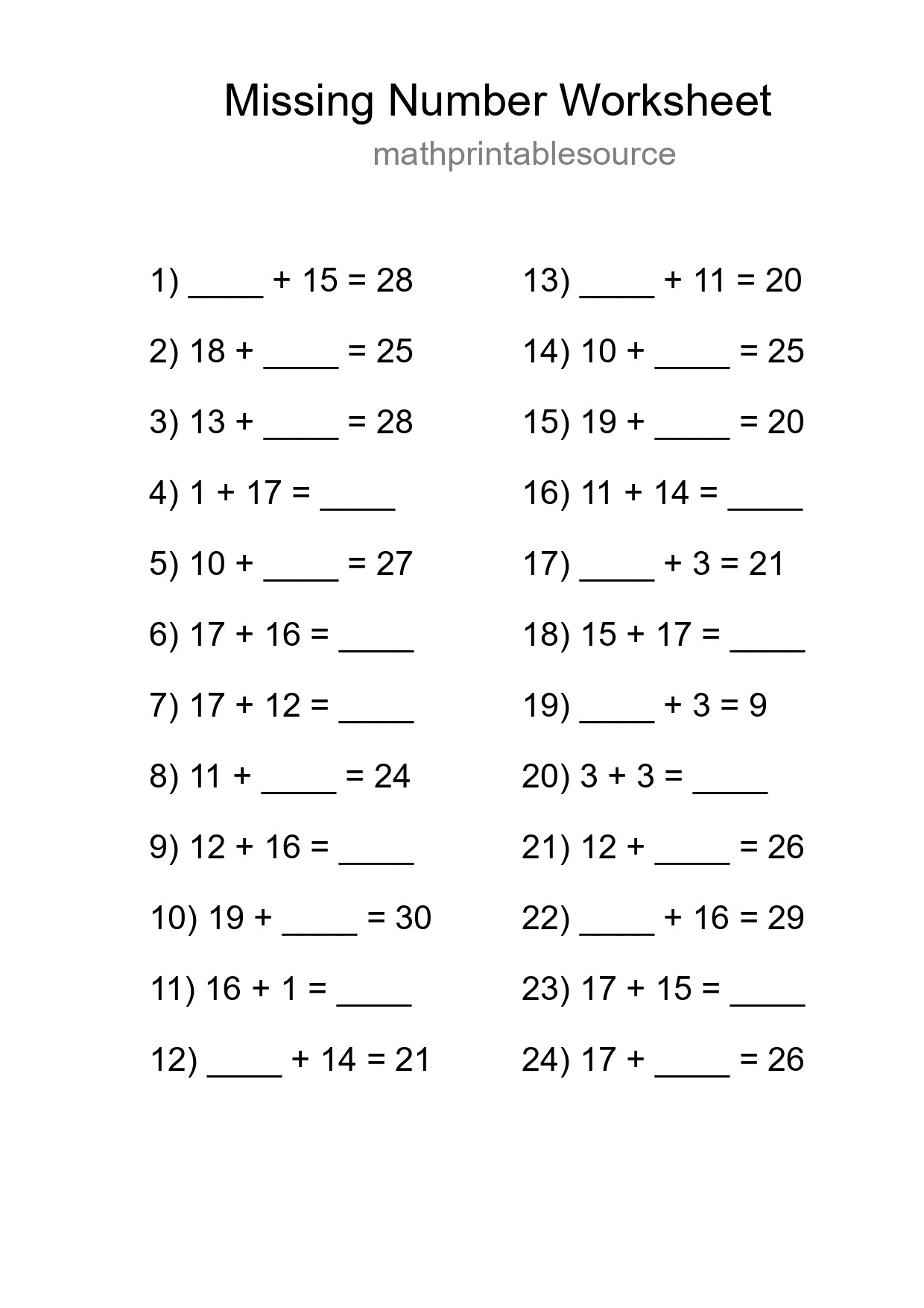 Missing Number Math Worksheet