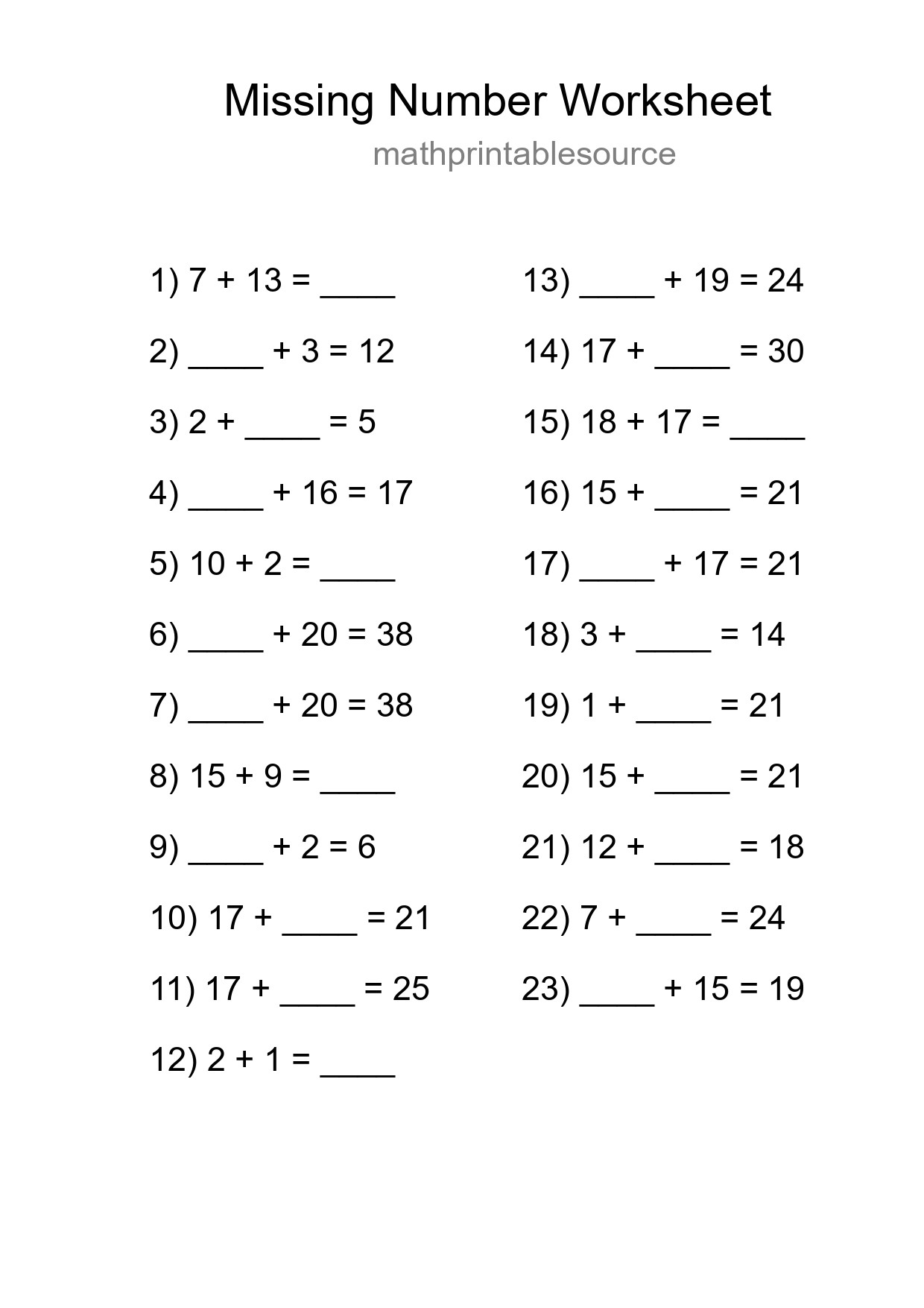 Missing Number Math Worksheet