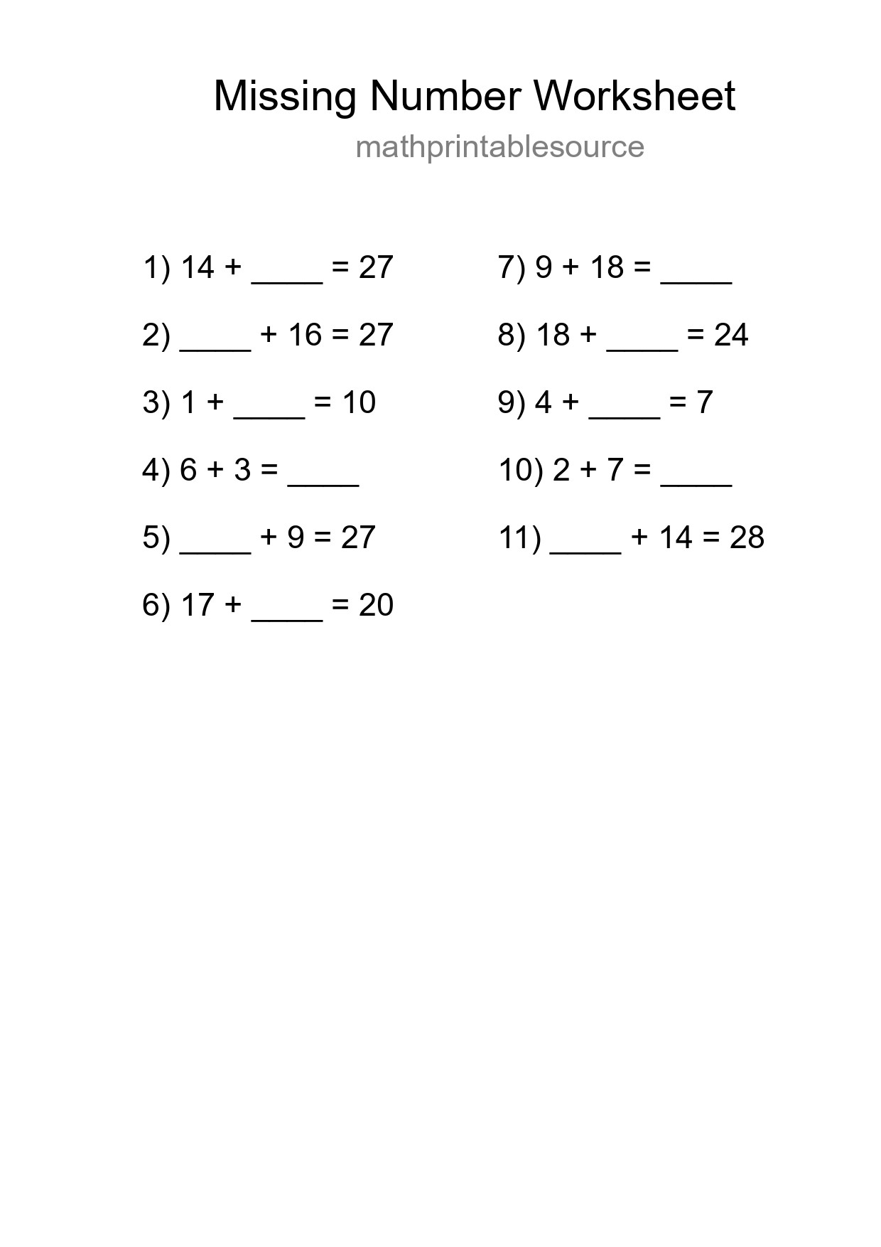 Missing Number Math Worksheet