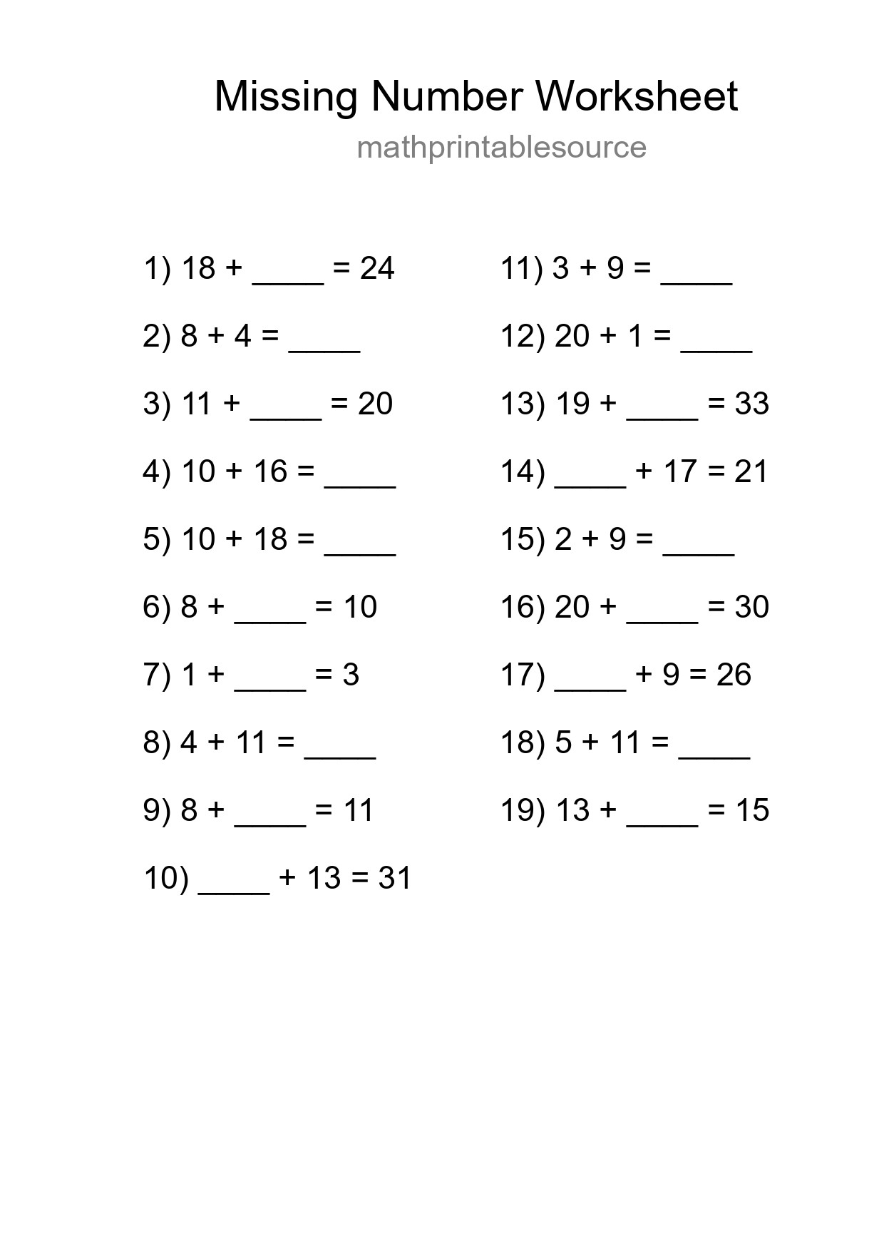 Missing Number Math Worksheet