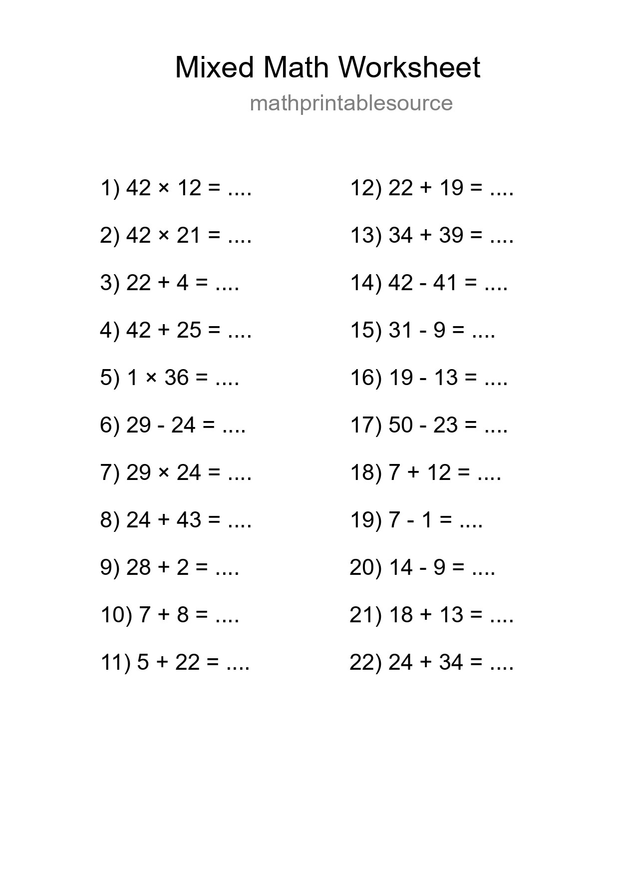 Mixed Operations Math Worksheet