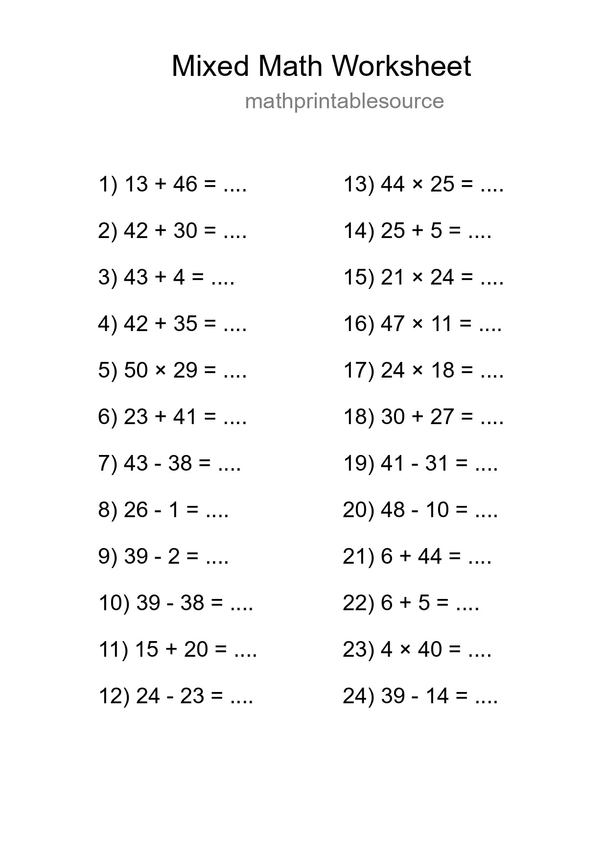Mixed Operations Math Worksheet