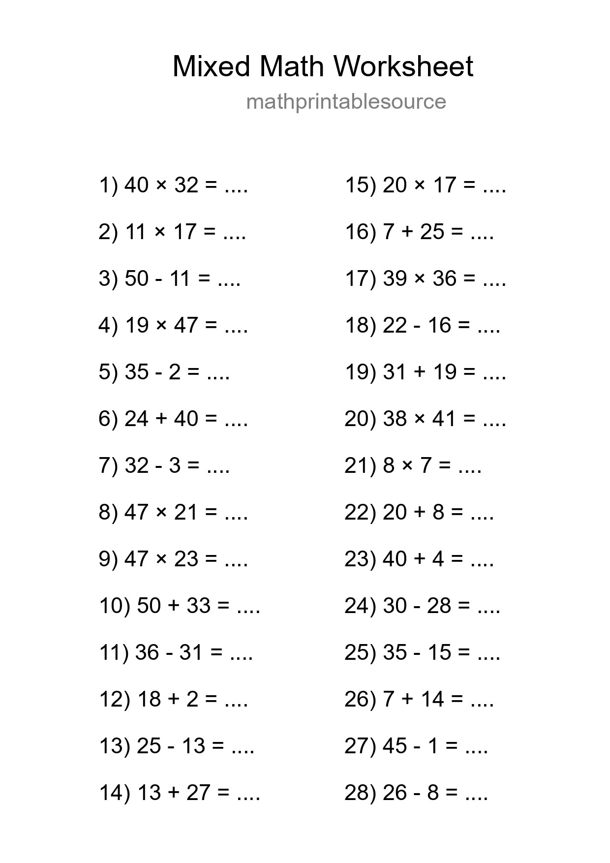 Mixed Operations Math Worksheet