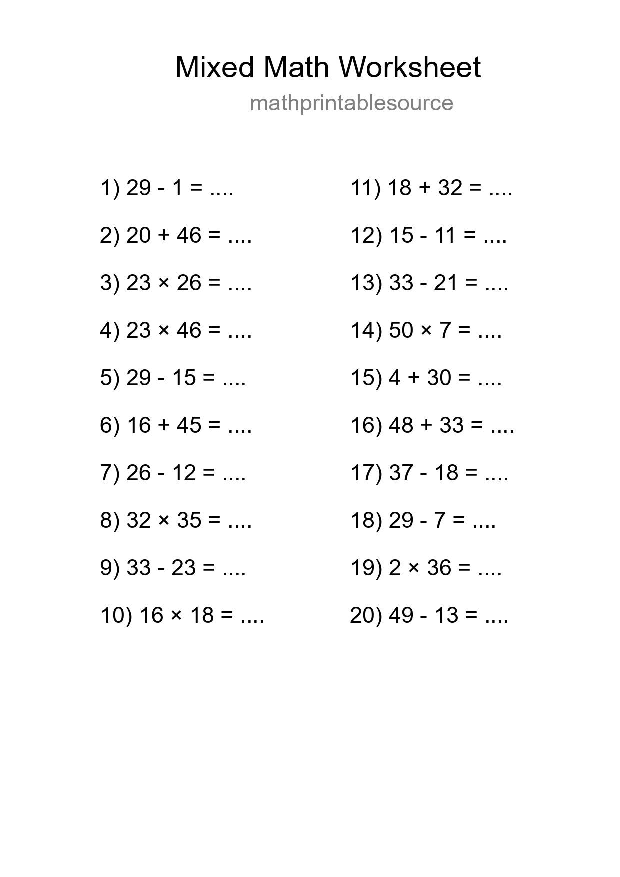 Mixed Operations Math Worksheet