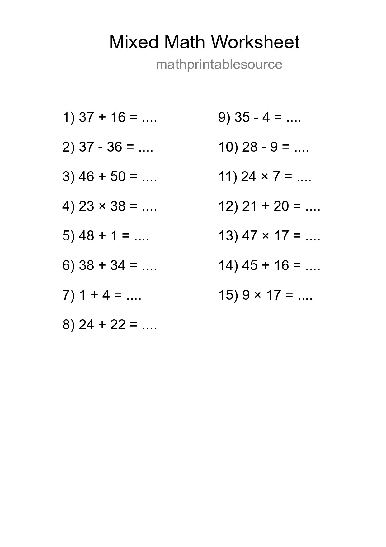 Mixed Operations Math Worksheet