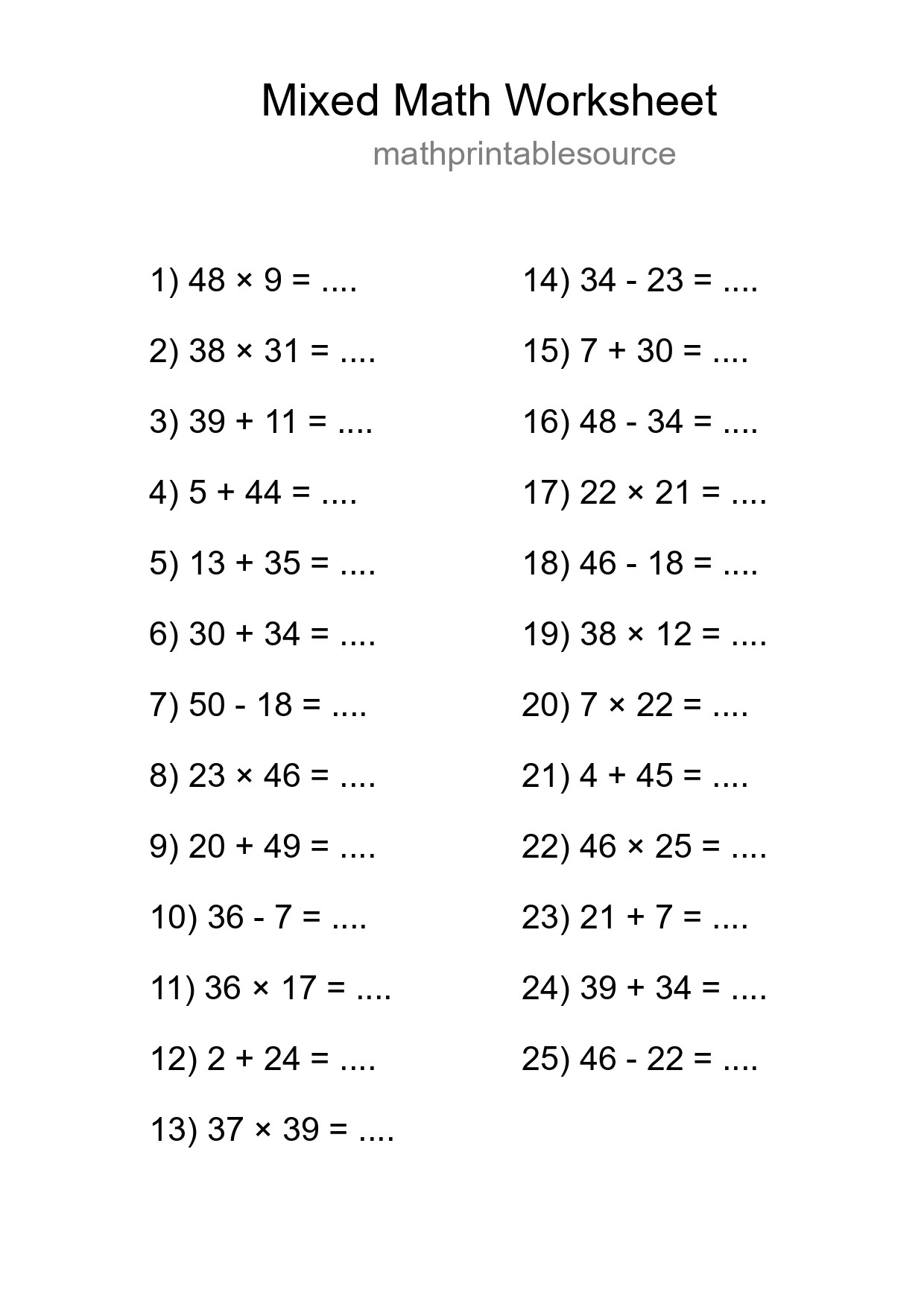 Mixed Operations Math Worksheet