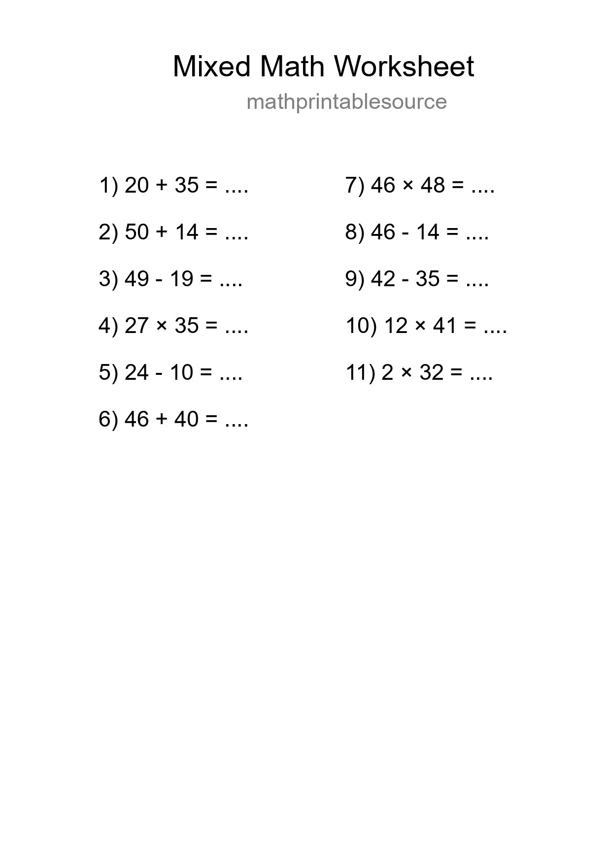 Mixed Operations Math Worksheet