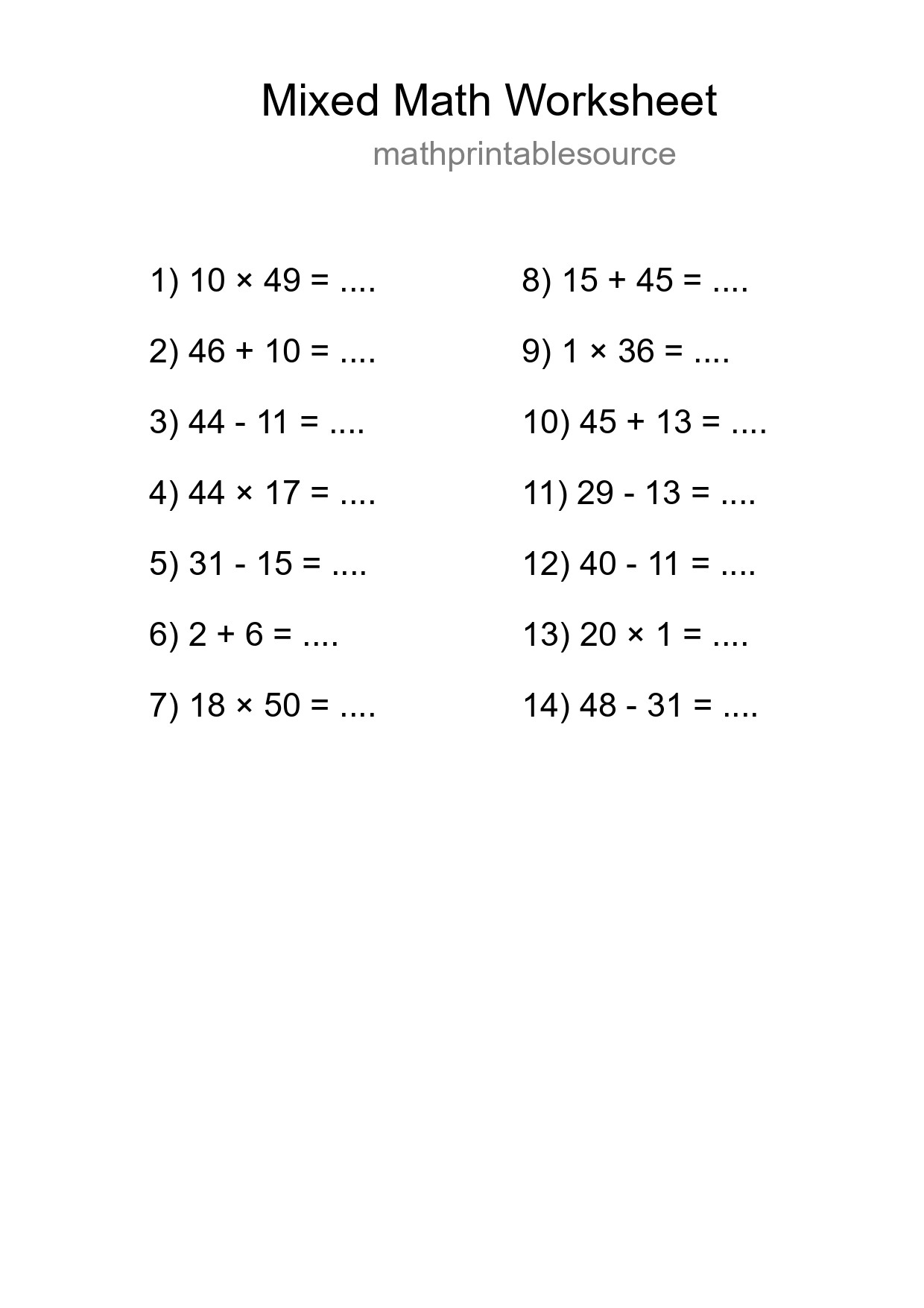 Mixed Operations Math Worksheet