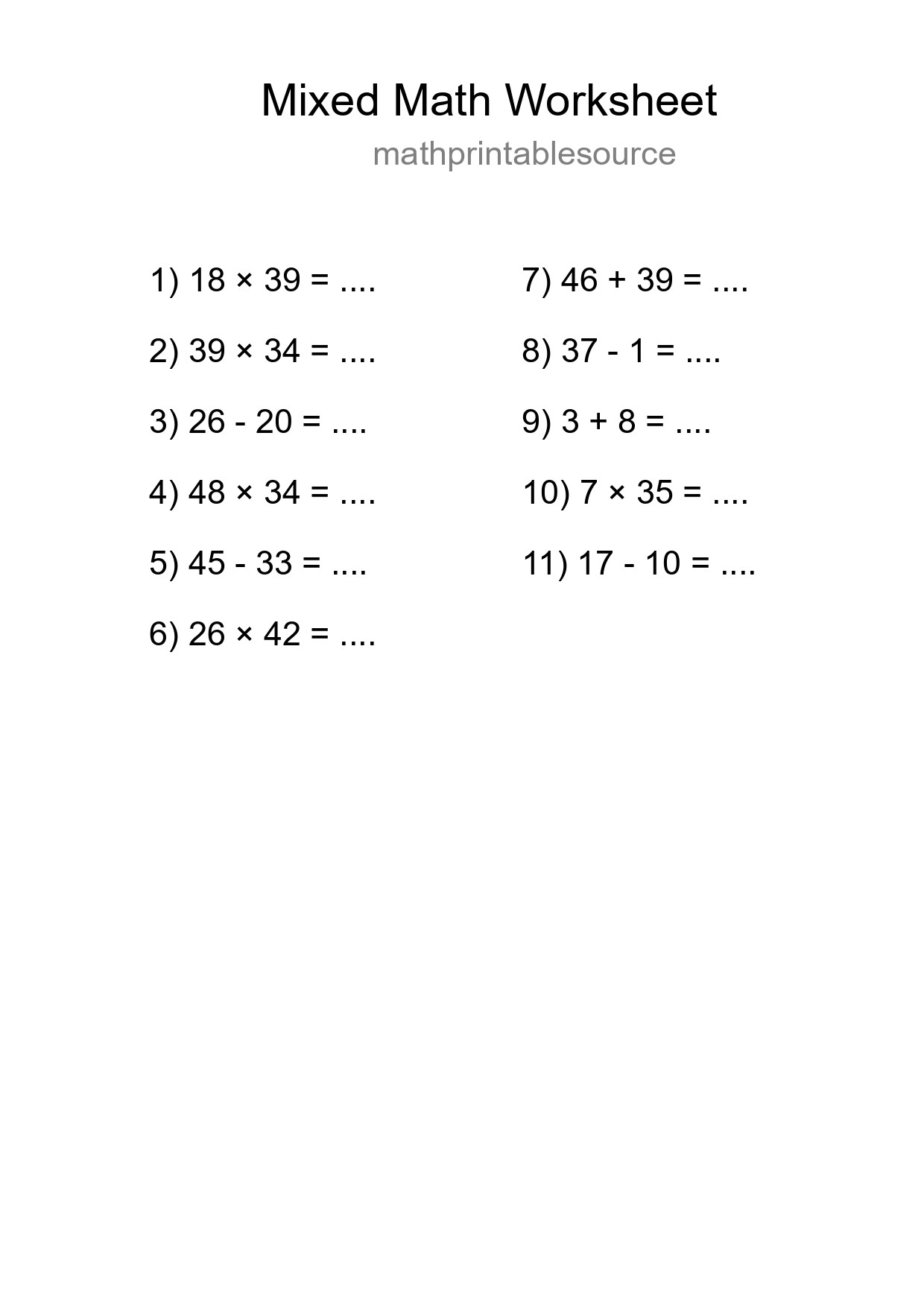 Mixed Operations Math Worksheet