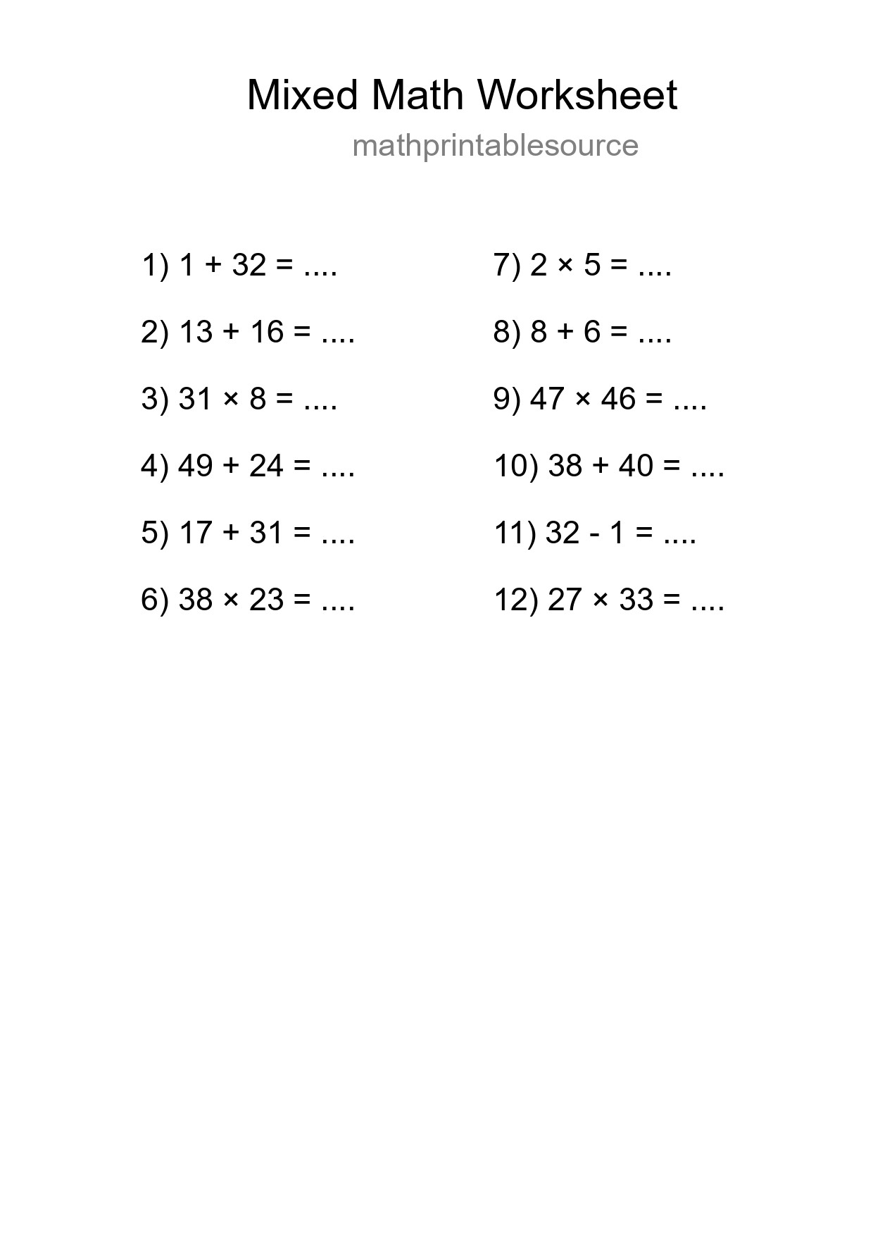 Mixed Operations Math Worksheet