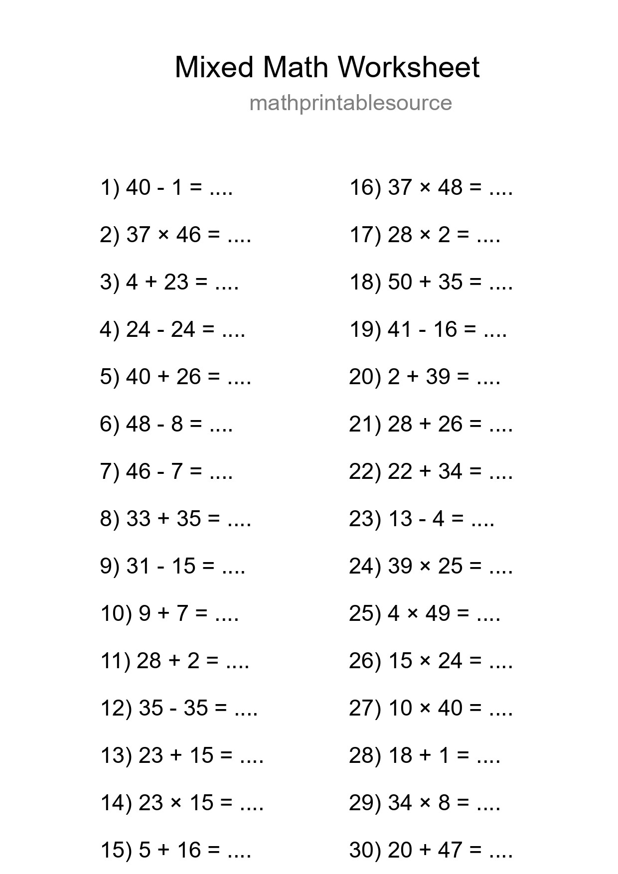 Mixed Operations Math Worksheet