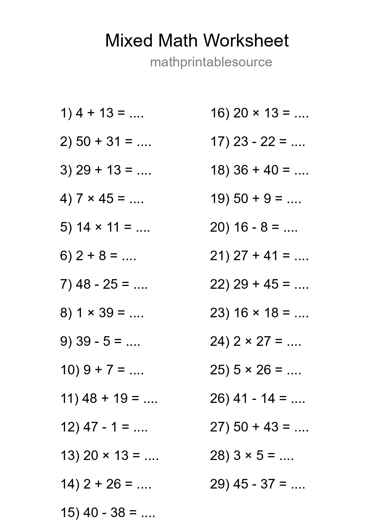 Mixed Operations Math Worksheet