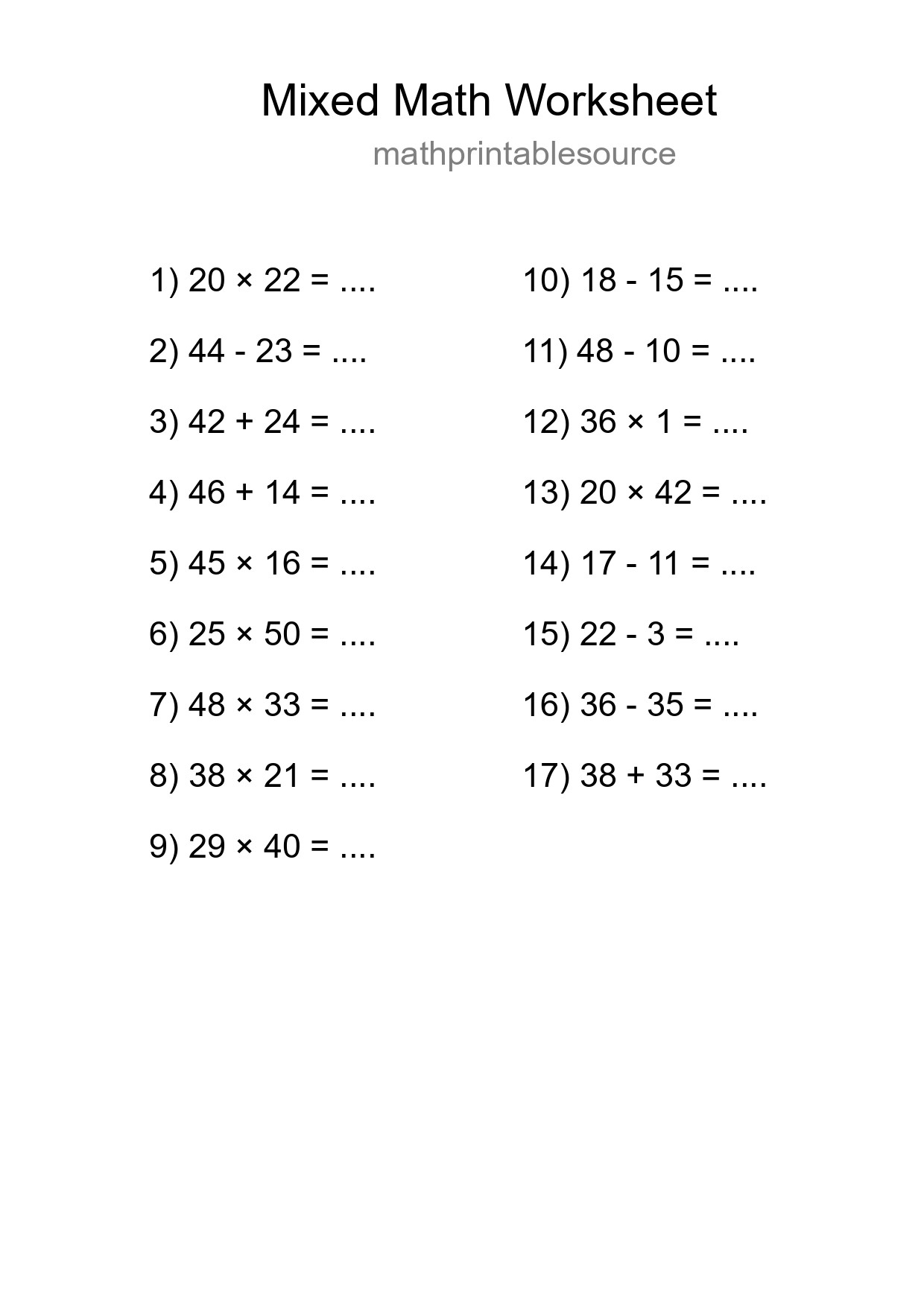 Mixed Operations Math Worksheet
